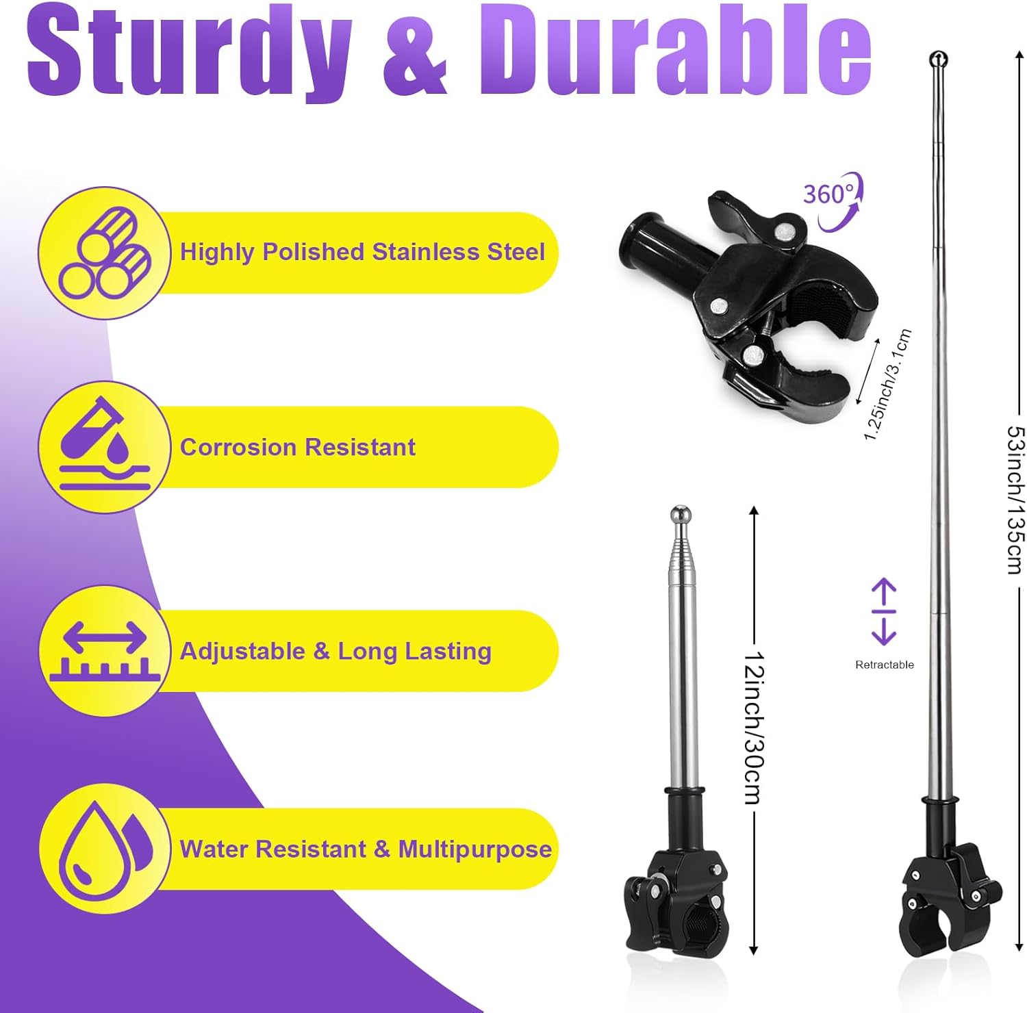 American Boat Flag Pole Kit, Embroidered Small USA Flag with 53" Telescoping Stainless Steel Flagpole, Heavy Duty Retractable Marine Flag Pole for Yacht, Truck, Bike - Image 3