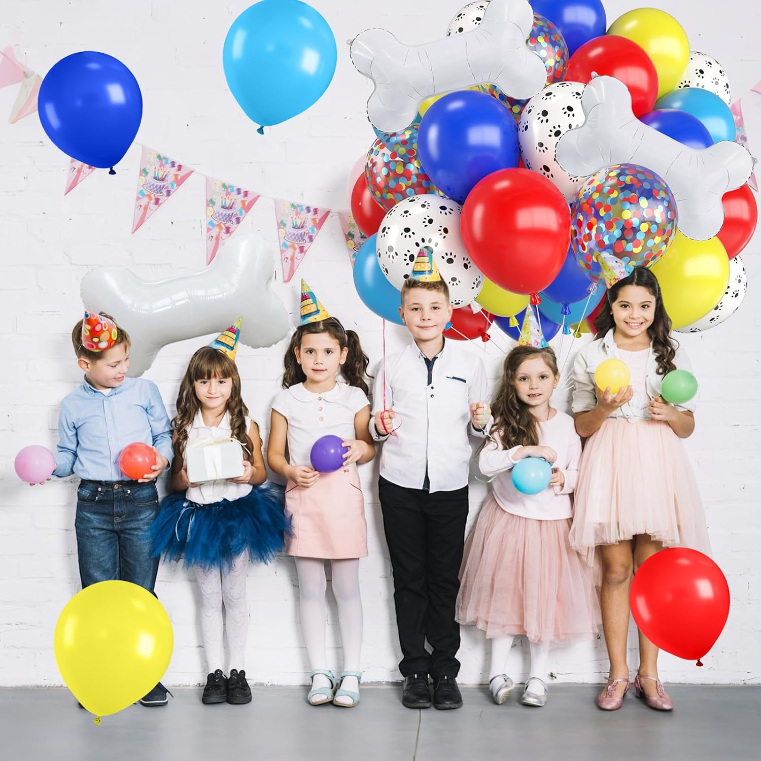 Paw Balloons,12 Inch Red Yellow Blue and White Paw Print Colorful Confetti Balloons with Bone Foil Balloon for Cartoon Carnival Circus Themed Birthday Party Decorations