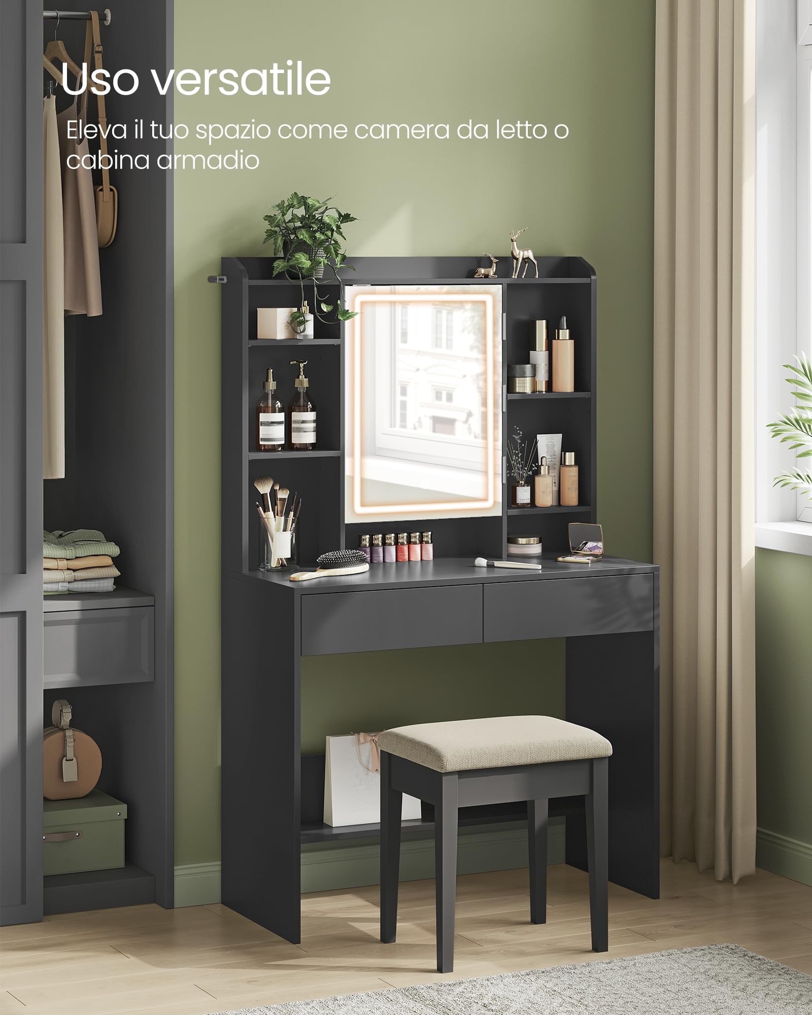 VASAGLE KAILYN Collezione - Toeletta con Luci LED 3 Colorazioni con Luminosità Regolabile, Tavolo da Trucco con Specchio, Ripiani Regolabili, 2 Cassetti, Postazione Trucco, Nero Inchiostro RDT123B01