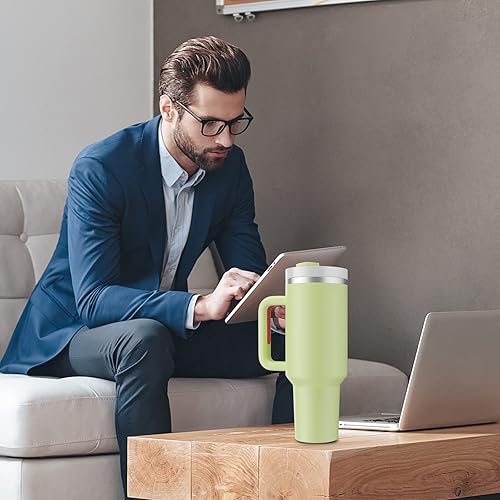 Miniatura 7 de Vaso de 40 onzas con asa y pajilla, vaso reutilizable al vacío con tapa, taza de viaje aislada de acero inoxidable, para café y bebidas (aguacate)