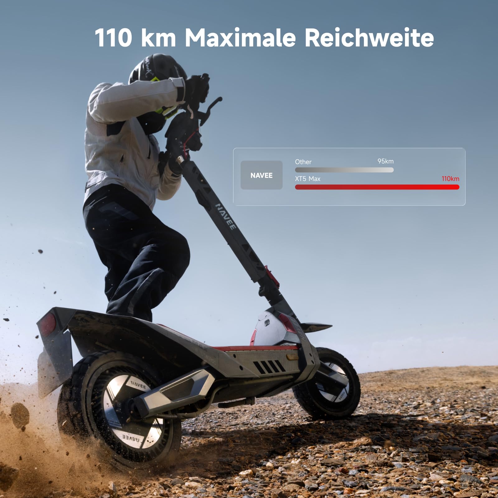 NAVEE XT5 MAX E Scooter mit Straßenzulassung & Blinker, Maximale Reichweite 2200W 110 km & 150 kg Tragkraft, 12 Zoll Offroad Reifen, Doppelaufhängung, Steigungen 32%, Ladezeit 5-6 Stunden