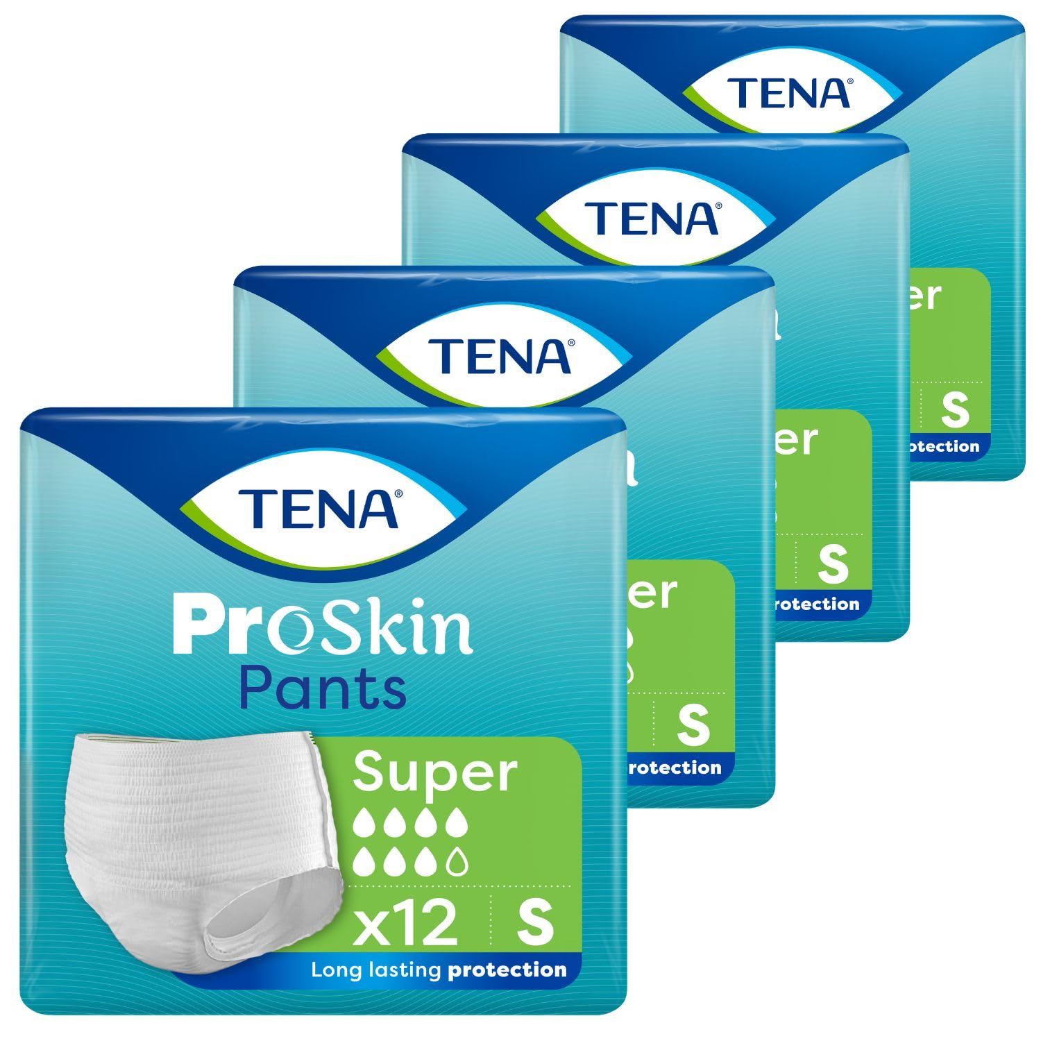 Majtki Chłonne dla Dorosłych TENA Pants ProSkin Super S Majtki Chłonność 7/8, Średnie i Wysokie Nietrzymanie Moczu, Kobiety Mężczyźn na noc dzień Obwód 65–85 cm, (4 opakowania po12 Sztuk)