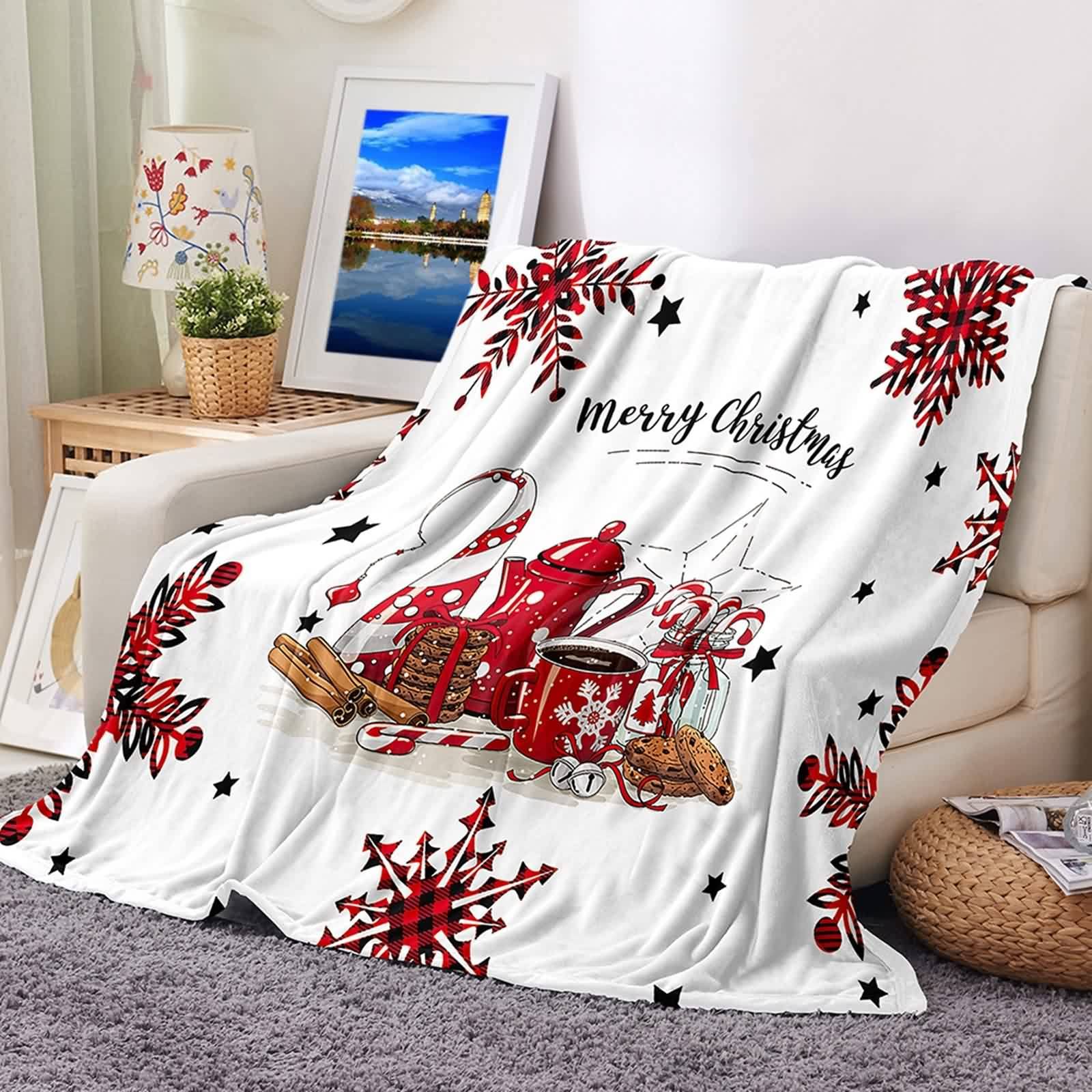 Wohndecke Kuscheldecke, Fleecedecke Winter Flanell Weiß Rot Tee-Plätzchen-Schneeflocken Flanelldecke Blanket 180x220CM Sofa Bett Geschenk