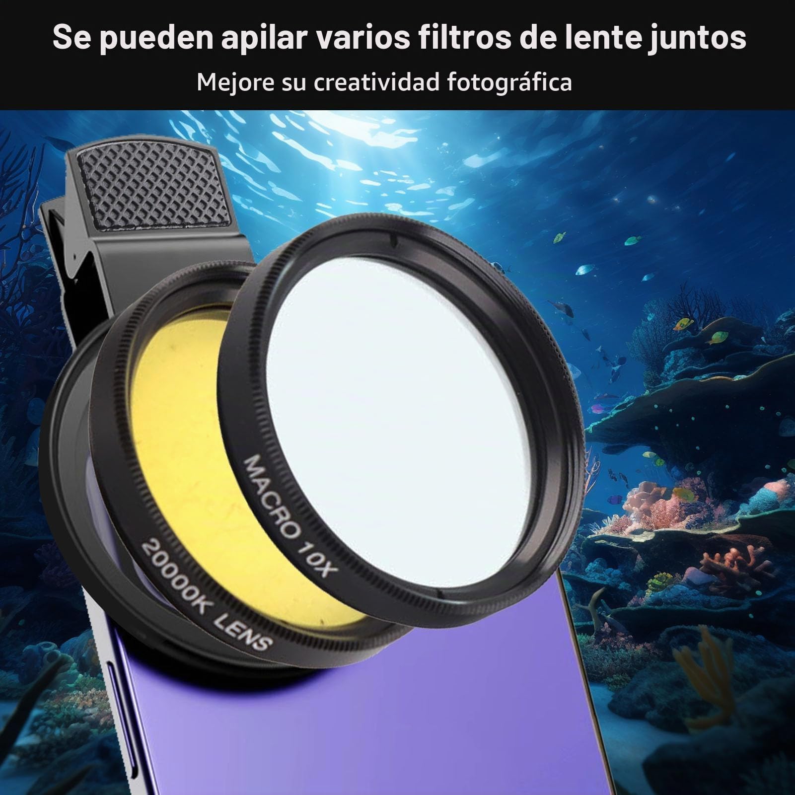 Lente de teléfono, Juego de filtros de Lentes, Lente de Vista Macro Amarilla y Naranja, Tanque de Peces de Agua Marina, Cilindro de Coral, Kit de Lentes de fotografía subacuática con Filtro Macro