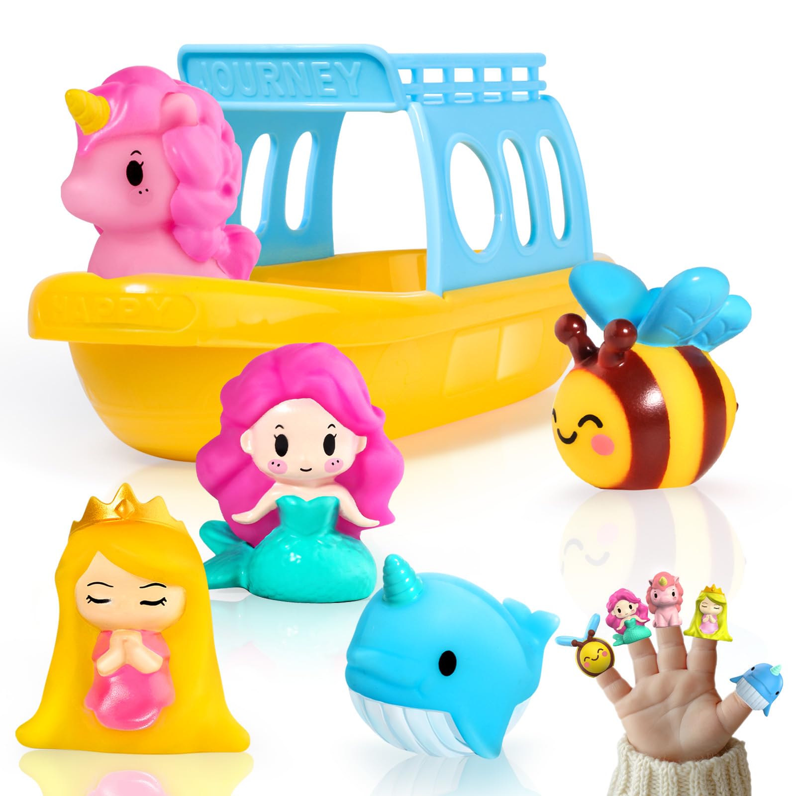 Juguetes de baño de princesa sirena (5 piezas) para niños pequeños de 1 a 3 años con bote de baño, juguetes de ducha para bañera de bebé, abeja de ballena animal, juguetes flotantes de agua