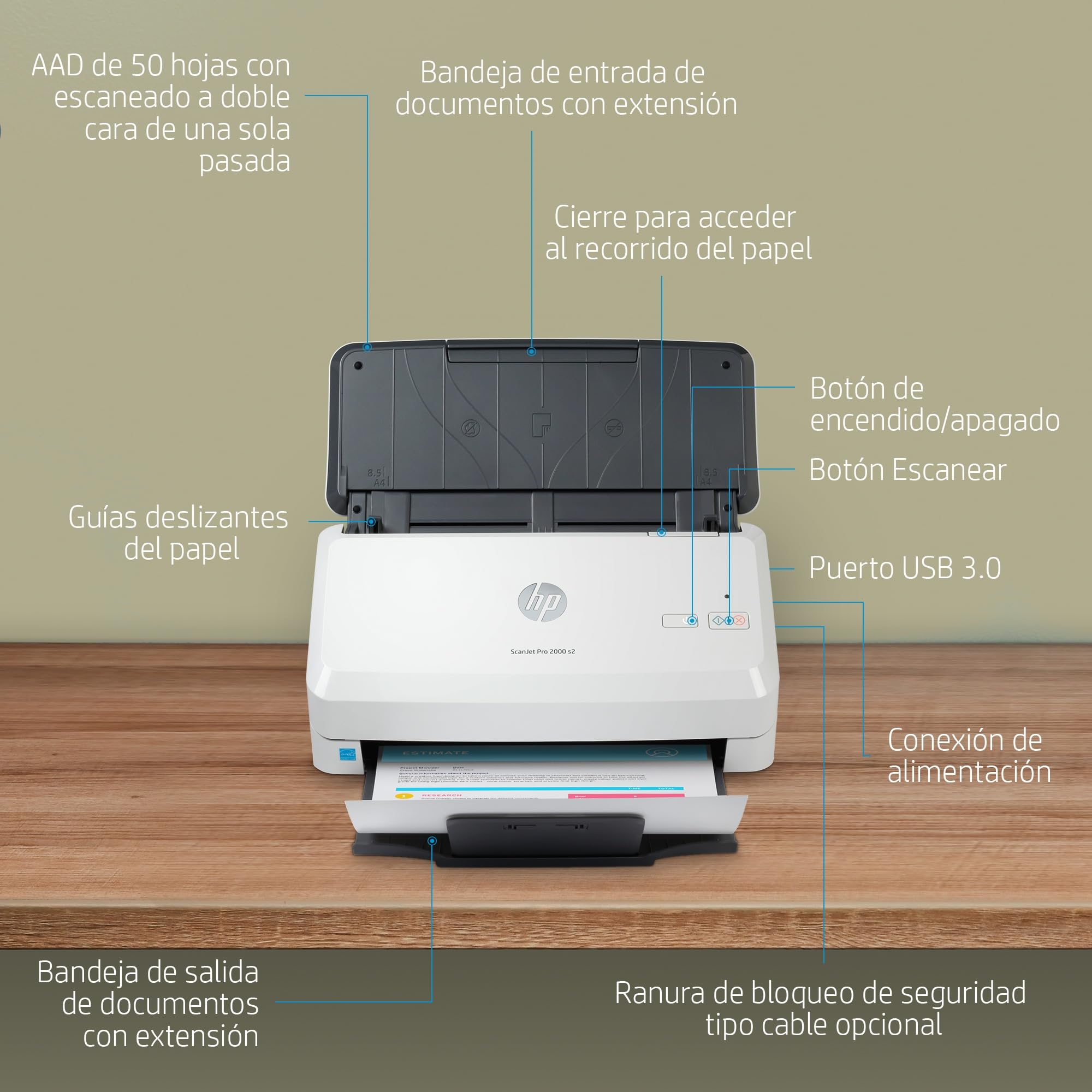 HP ScanJet Pro 2000 s2 Escáner Documentos ADF 50 Hojas Doble Cara 35 ppm 70 ipm USB 3.0 Gris