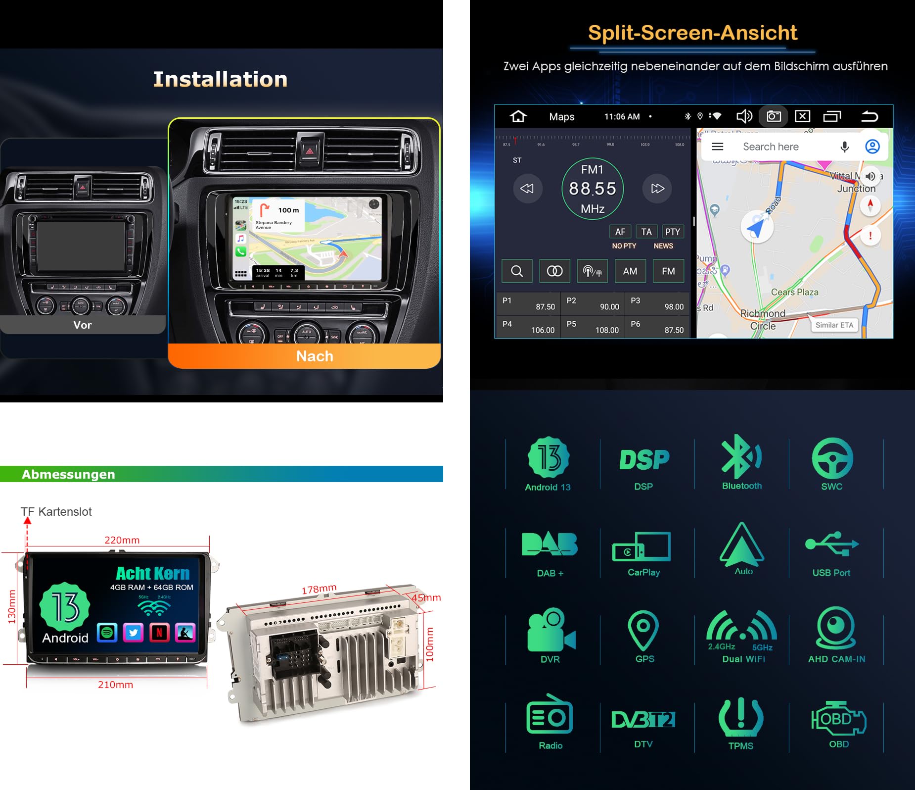 9" Android Autoradio pour VW Passat Polo Golf MK 5/6 Touran Jetta Polo EOS | 8-Core 4GB RAM 64GB ROM GPS Navigateur Carplay Android Auto DSP Bluetooth WiFi Dab+ TPMS DVR OBD OPS