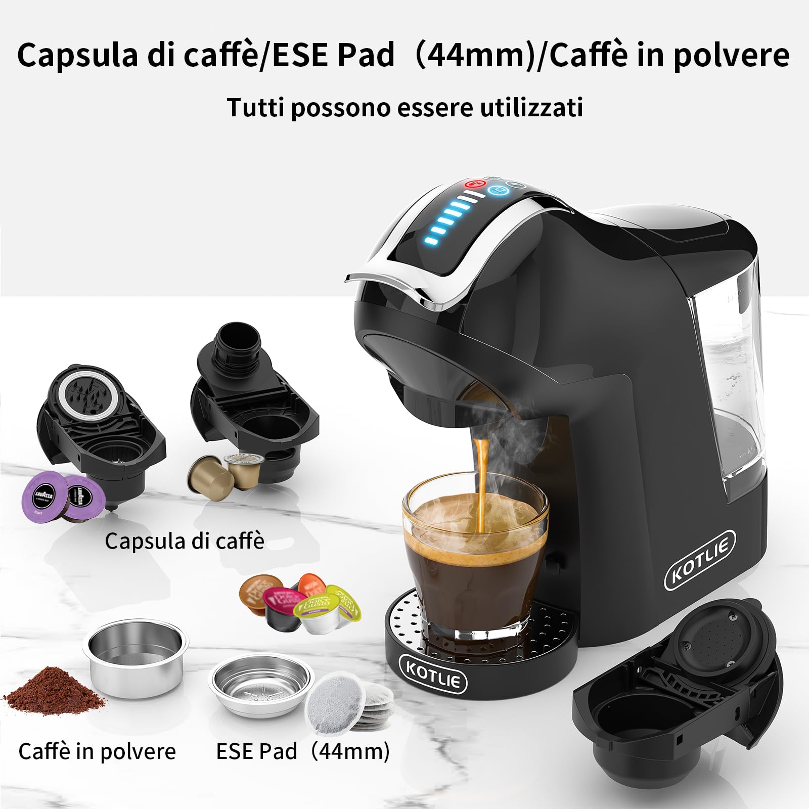 KOTLIE Macchina da caffè 5 in 1 con estrazione a freddo e a caldo per Nespresso Original/per Dolce Gusto/Caffè macinato/ESE (44 mm)/per Lavazza a modo mio(EM-308A) Nero