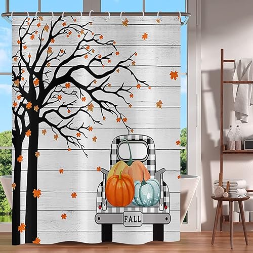 Vista 39 de Yeele Cortinas de ducha de otoño de Acción de Gracias, bonita cortina de ducha de gnomo y calabaza para baño, borde de rejilla blanca y negra