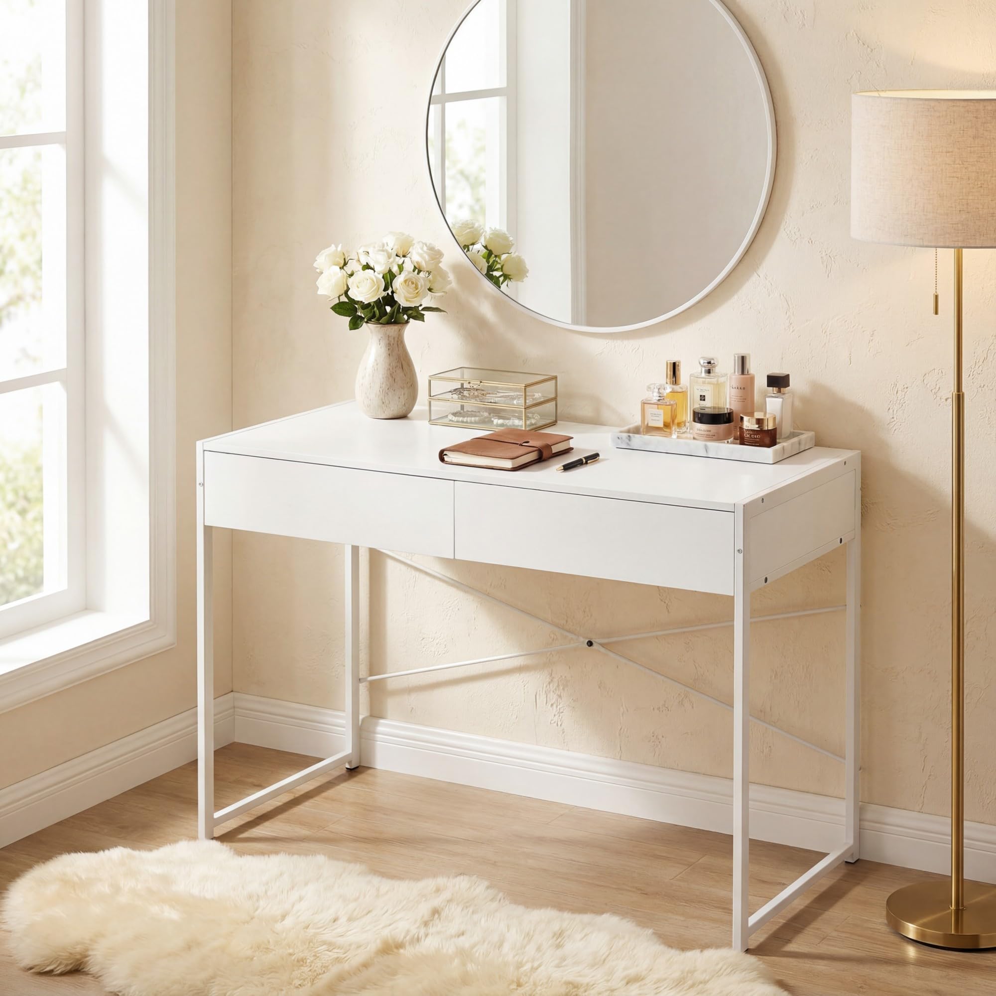 KOMFOTTEU Escritorio con 2 Cajones, Mesa Escritorio Ordenador con Marco Metálico, Mesa de Trabajo Moderna para Oficina, Dormitorio, Estudio, Despacho, 111 x 48 x 76 cm (Blanco)