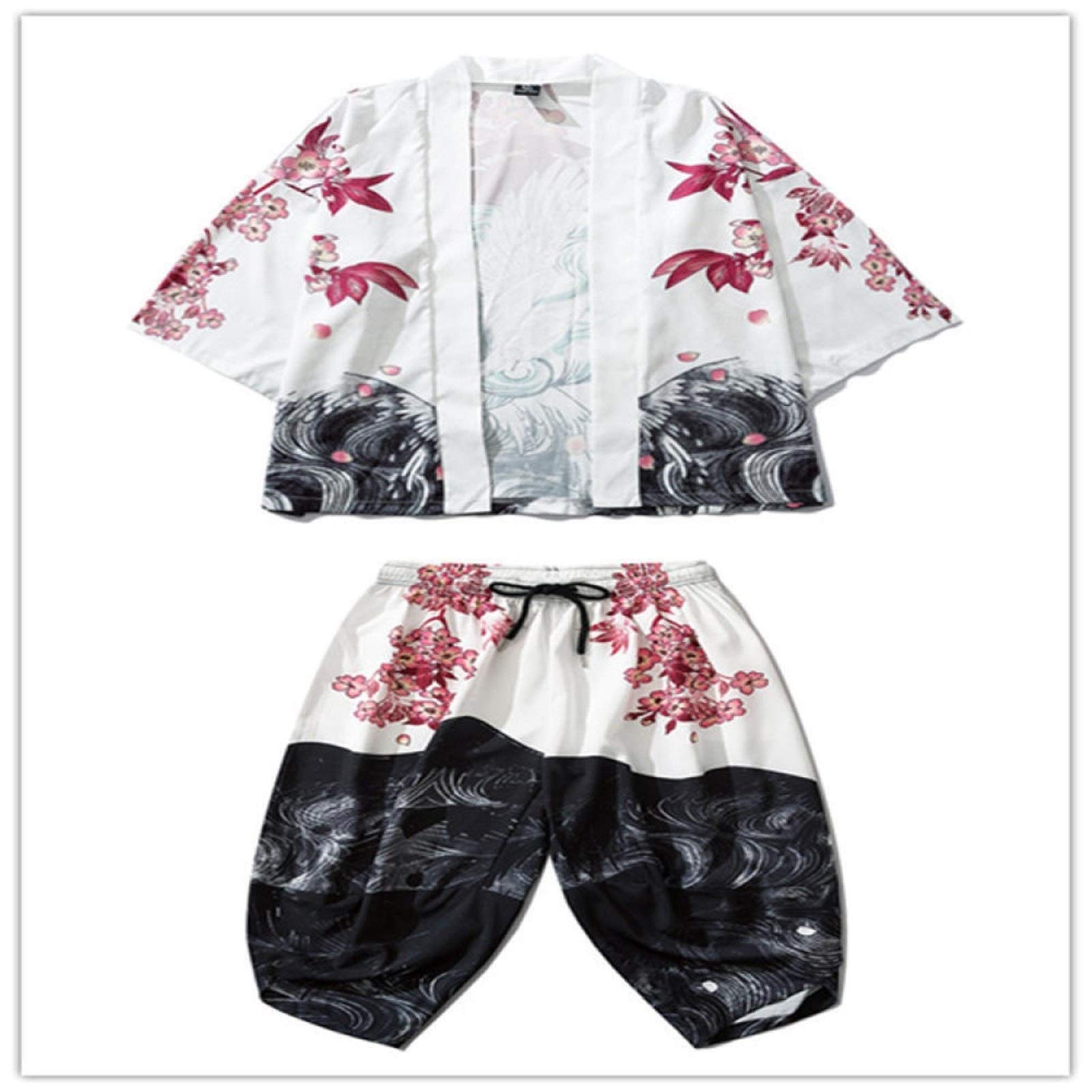 Spring And Autumn New Japanese Tide Brand Ukiyo-e Feihe Three-quarter Sleeve Loose Hanfu Two-piece Suit-White Set Zhaozb (Color : White set, Size : XXL)