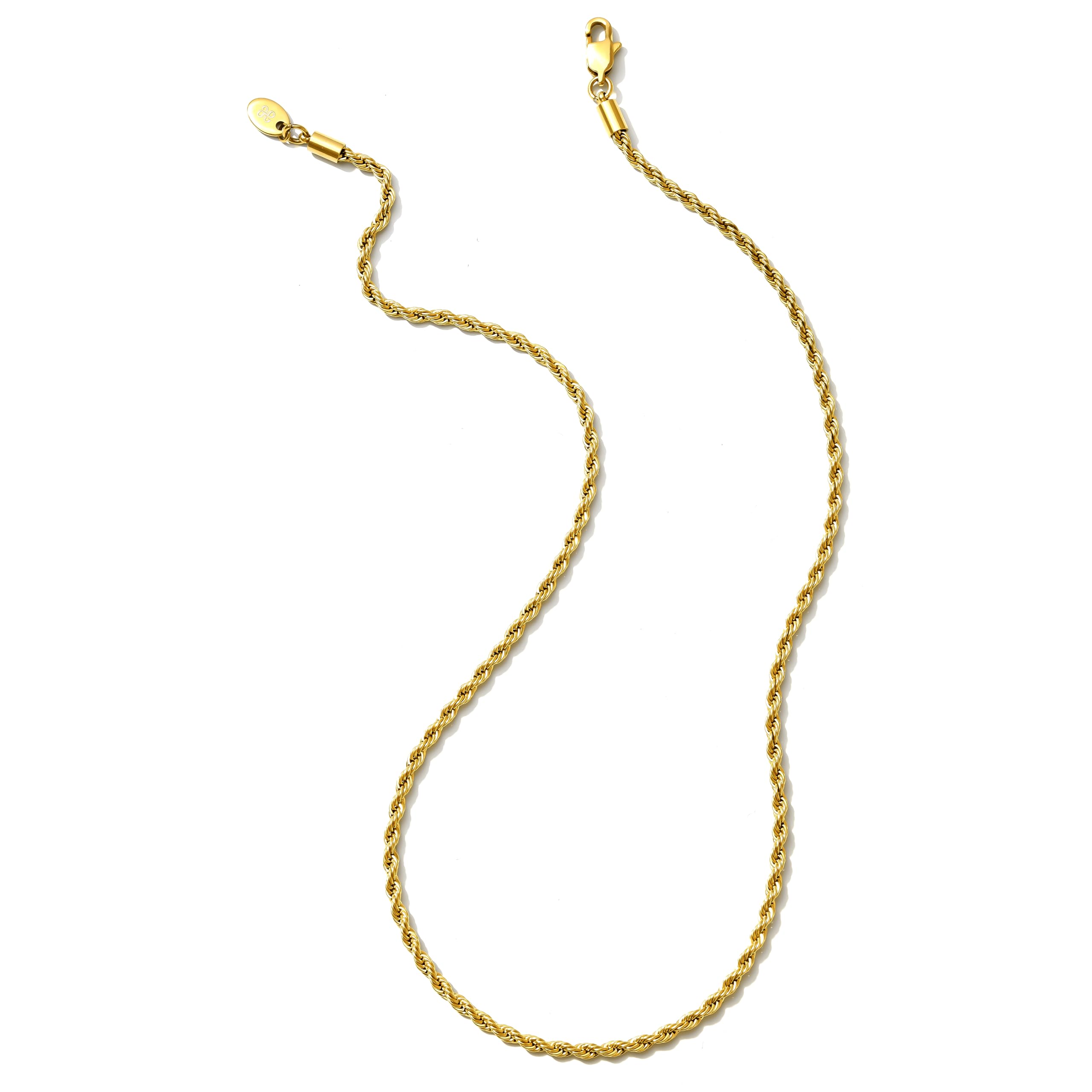 AURA ESSENCE JEWELRY 18k Gold Plated Rope Chain - 3mm Stainless Steel Twist Chain Necklace for Men and Women - Non-Tarnish and Waterproof - 16 Inches