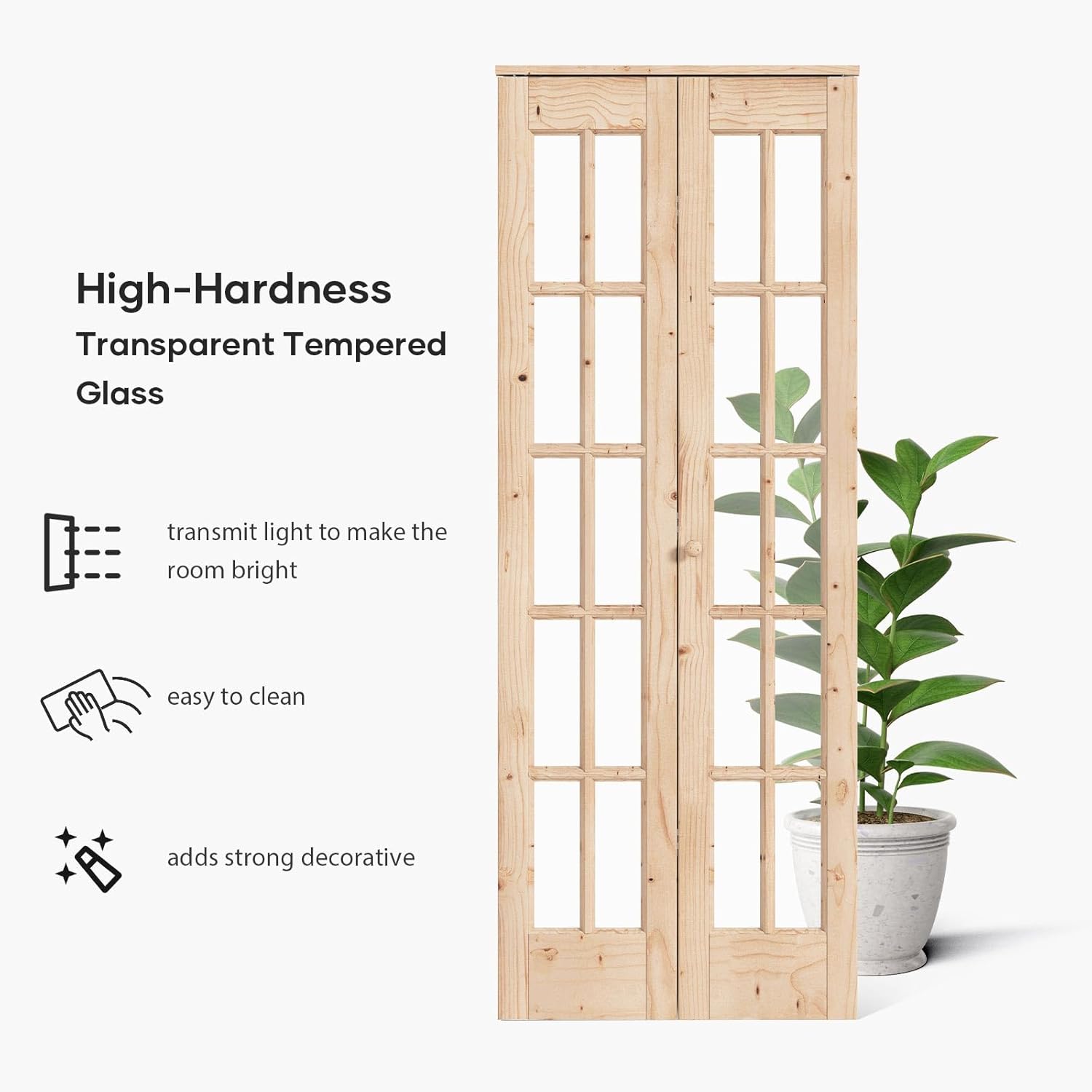 Image of a bifold door with text indicating 'High-Hardness Transparent Tempered Glass', 'transmit light', 'easy to clean', and 'adds strong decorative'.