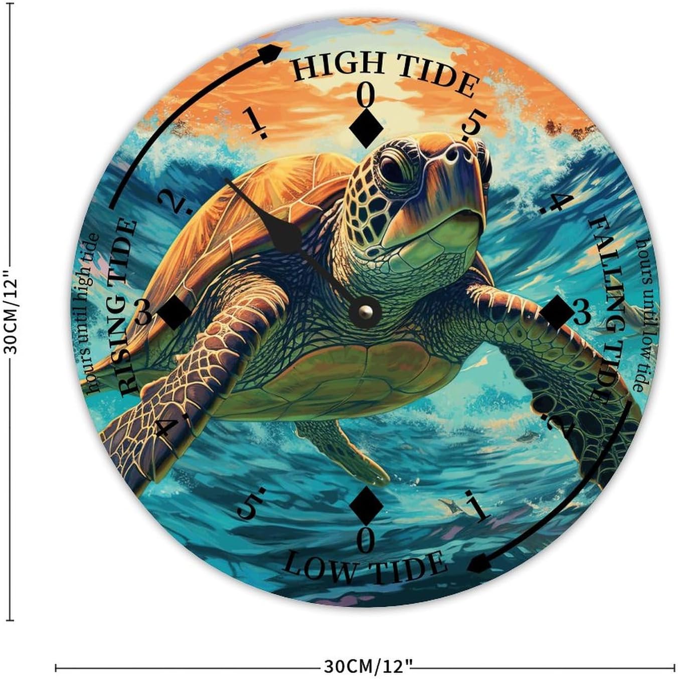Sea Turtle Wood Tidal Clock Ocean Time Maritime Coastal Beach High Tide Low Tide Clock Rustic Wooden Nautical Tide Movement Vintage Decor for Beach House Kitchen Wall Art 12x12 in