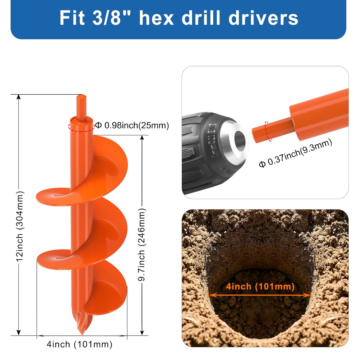 4 X 12 Inch Auger Drill bit for Post Hole Digger Fit 3/8" Hex Drills Garden Spiral Auger Bit for Bulb Planting, Earth, Bedding Plants and Umbrella Holes image 3
