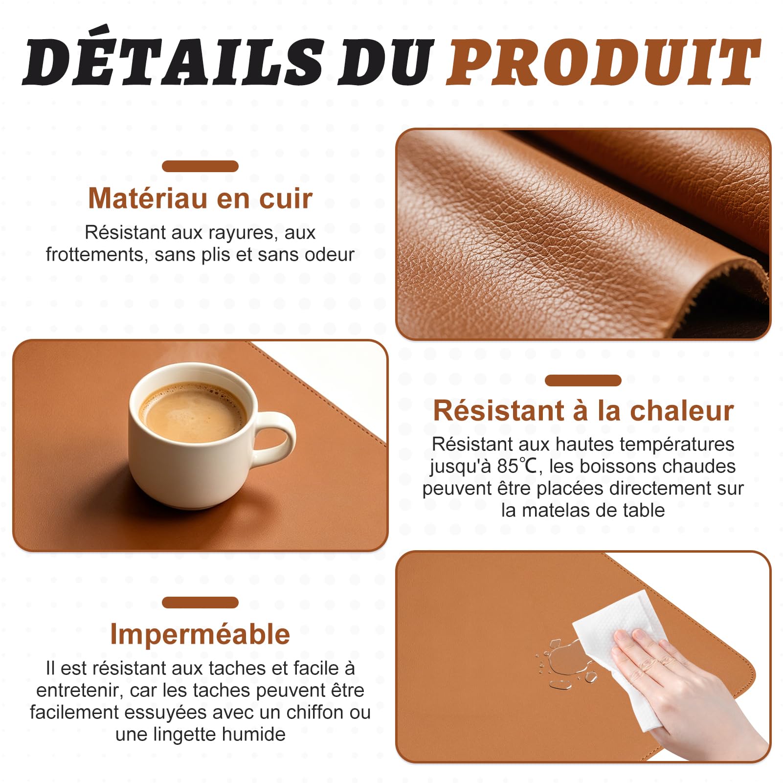 Tapis de Bureau Cuir PU Marron 90x40cm XXL – Sous-Main Antidérapant Imperméable, Protection Bureau