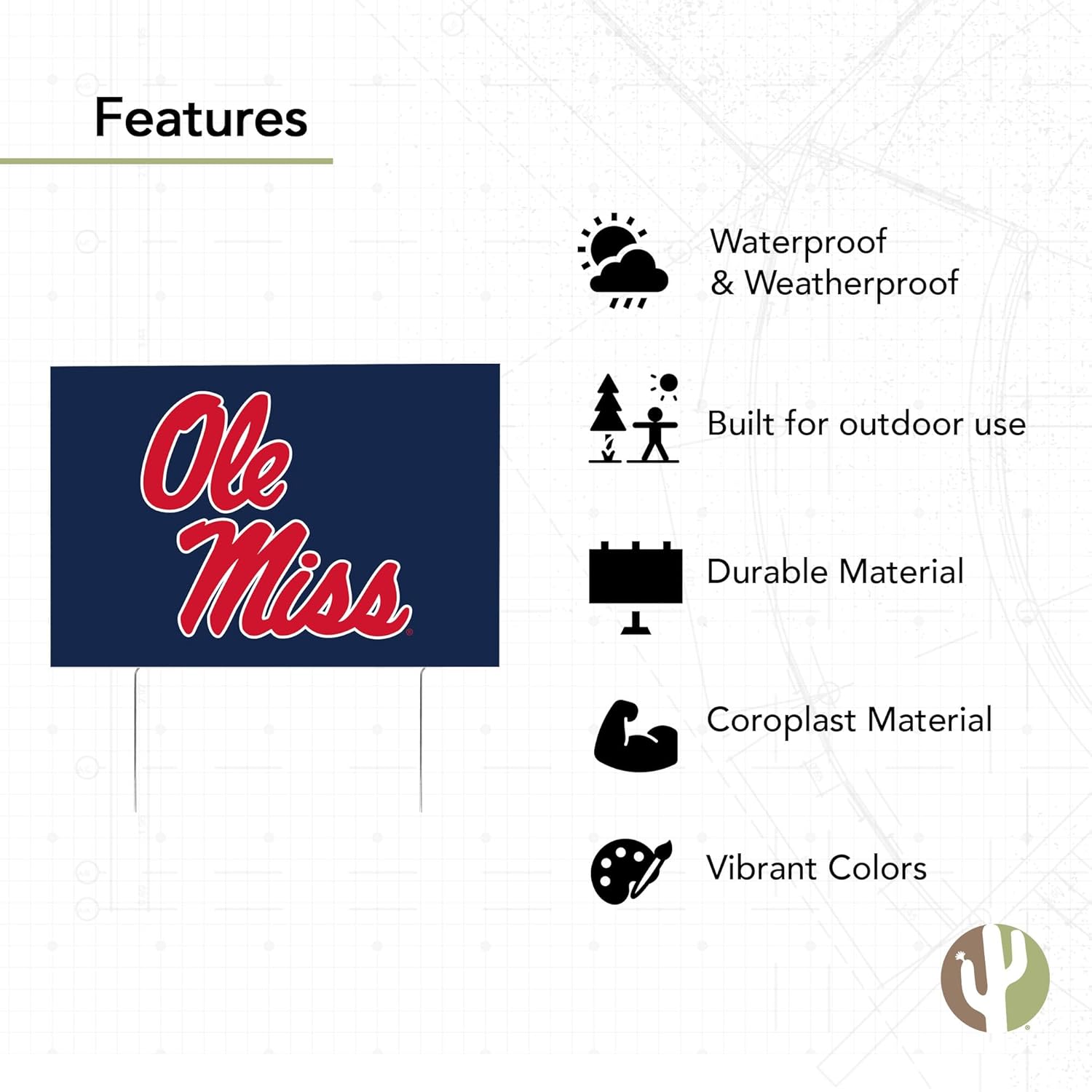 Desert Cactus University of Mississippi Yard Sign Rebels Ole Miss U of M 12x18" Celebration Outdoor Lawn Display with Stakes (Design A)