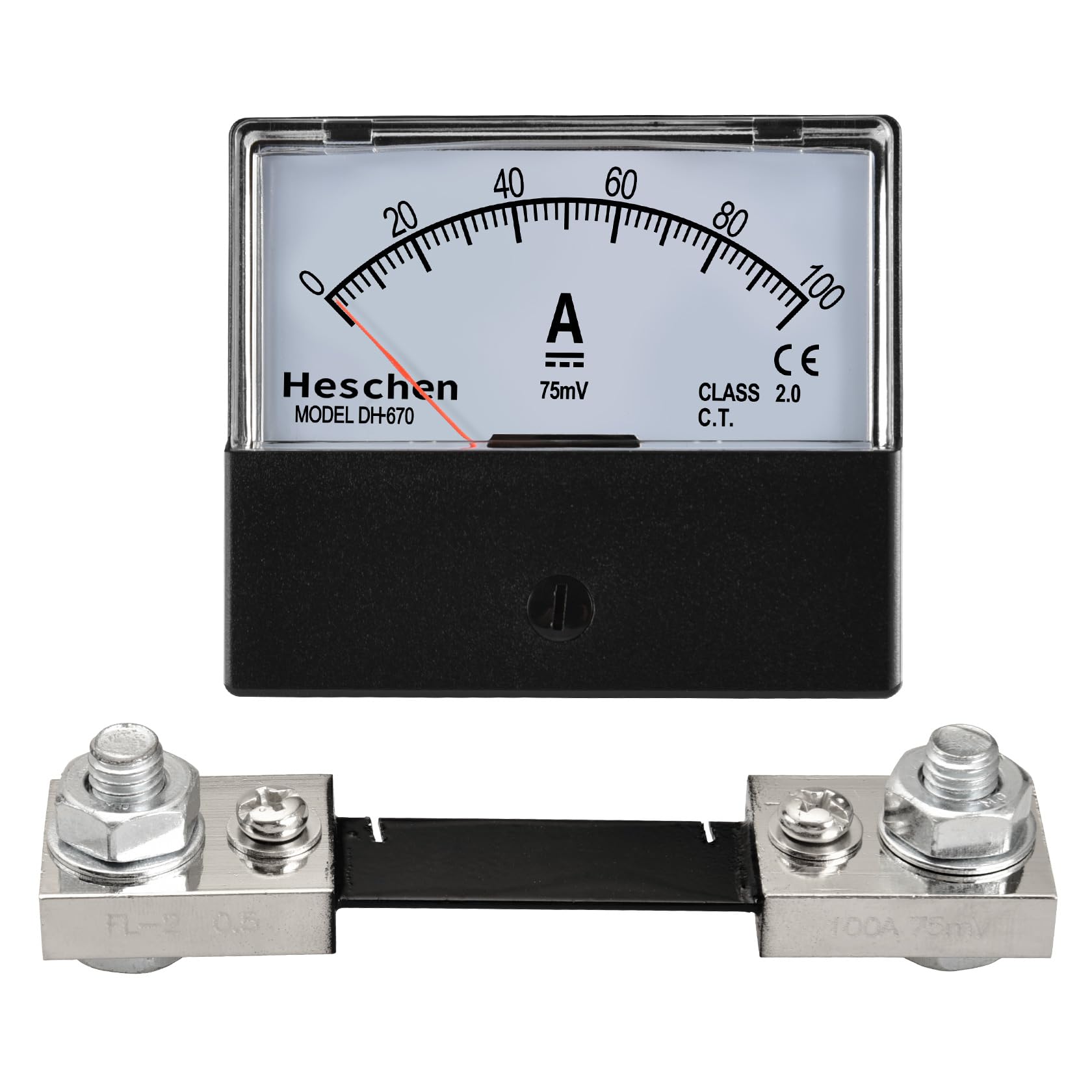 Heschen Misuratore di corrente rettangolare, amperometro, tester DH-670 DC 0-100 A, 75 mV, classe 2.0 con shunt