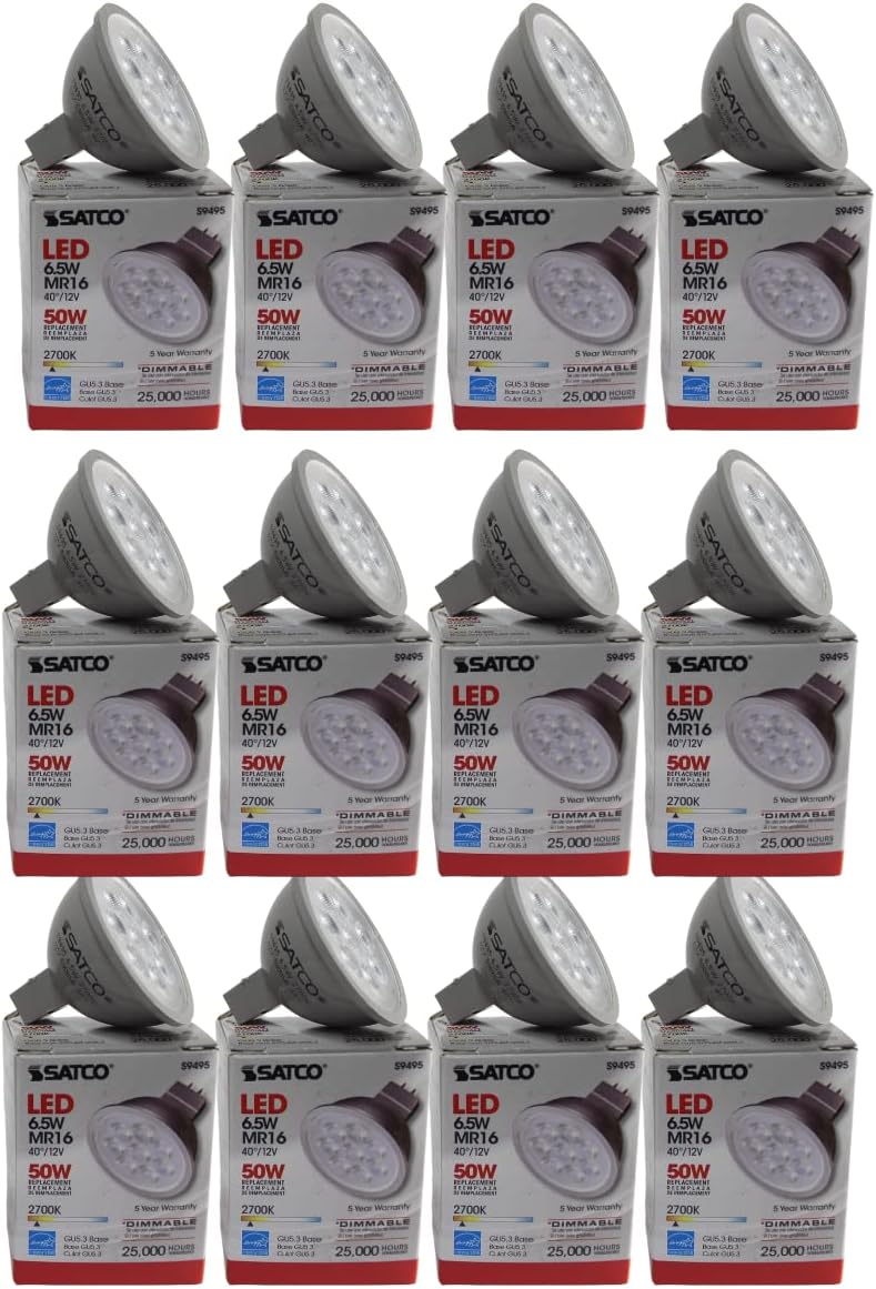 Satco 6.5 Watt LED MR16 Light Bulbs - 2700K Warm White - 40 Deg. Beam Angle - Bi Pin GU5.3 Base - 12 Volt AC/DC (12 Bulbs)