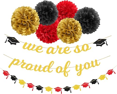 Cartel de graduación para decoración de fiesta rojo y negro y dorado, 8 piezas, kits de serpentinas de guirnalda de gorra, pompones de papel de
