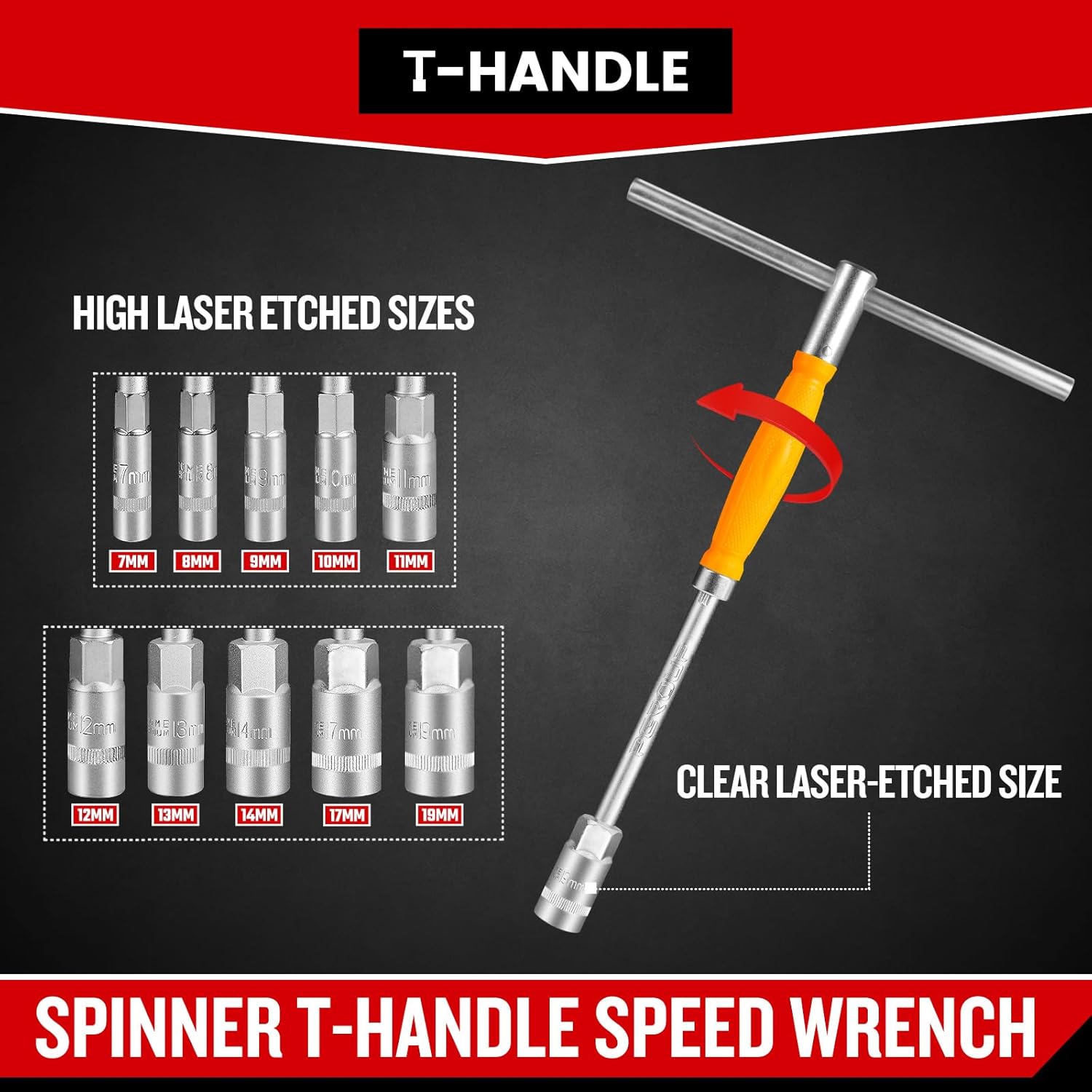 zhax 10-Piece Spinner T-Handle Speed Wrench Set, Metric (7-14mm, 17mm, 19mm) Handle Wrenches with CR-V Steel, 6-Point Socket Handles for Motorcycle Car Bicycle Repairing