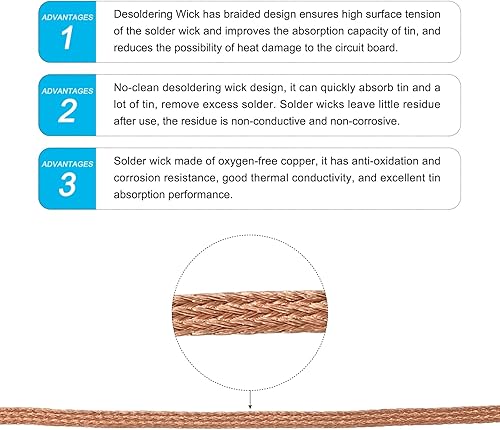 Miniatura 8 de MECCANIXITY Trenza de mecha de soldadura, trenza de mecha desoldadora sin limpieza, 0.08 pulgadas de ancho y 4.92 pies de longitud para quitar los