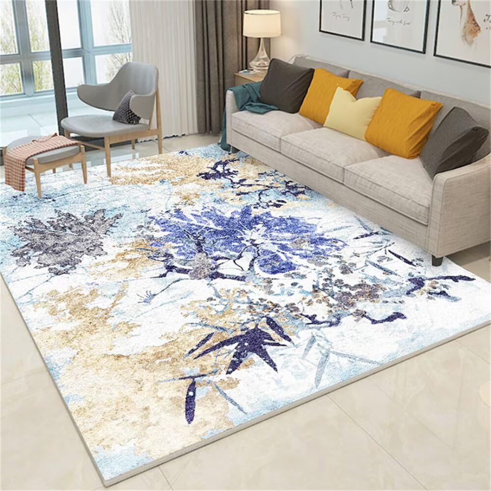 Tapis Moderne Cuisine et Salon Bleu Fleurs Grand Format 140x200