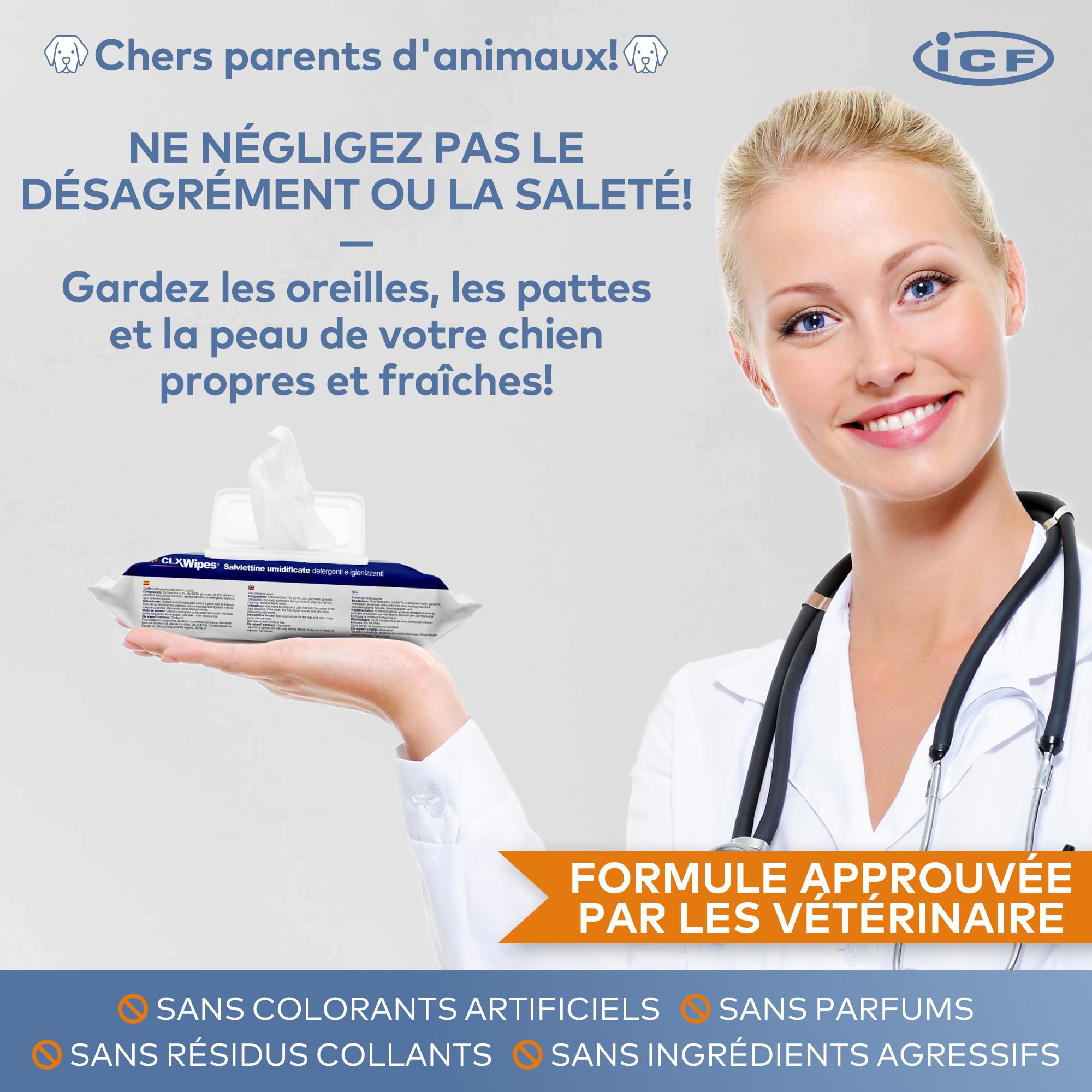 ICF | CLX Lingette Chien | Lingettes Nettoyantes, Assainissantes et Hydratantes pour Chien et Chat | Nettoyage quotidien des pattes, des plis cutanés, et des espaces interdigités | 40 lingettes