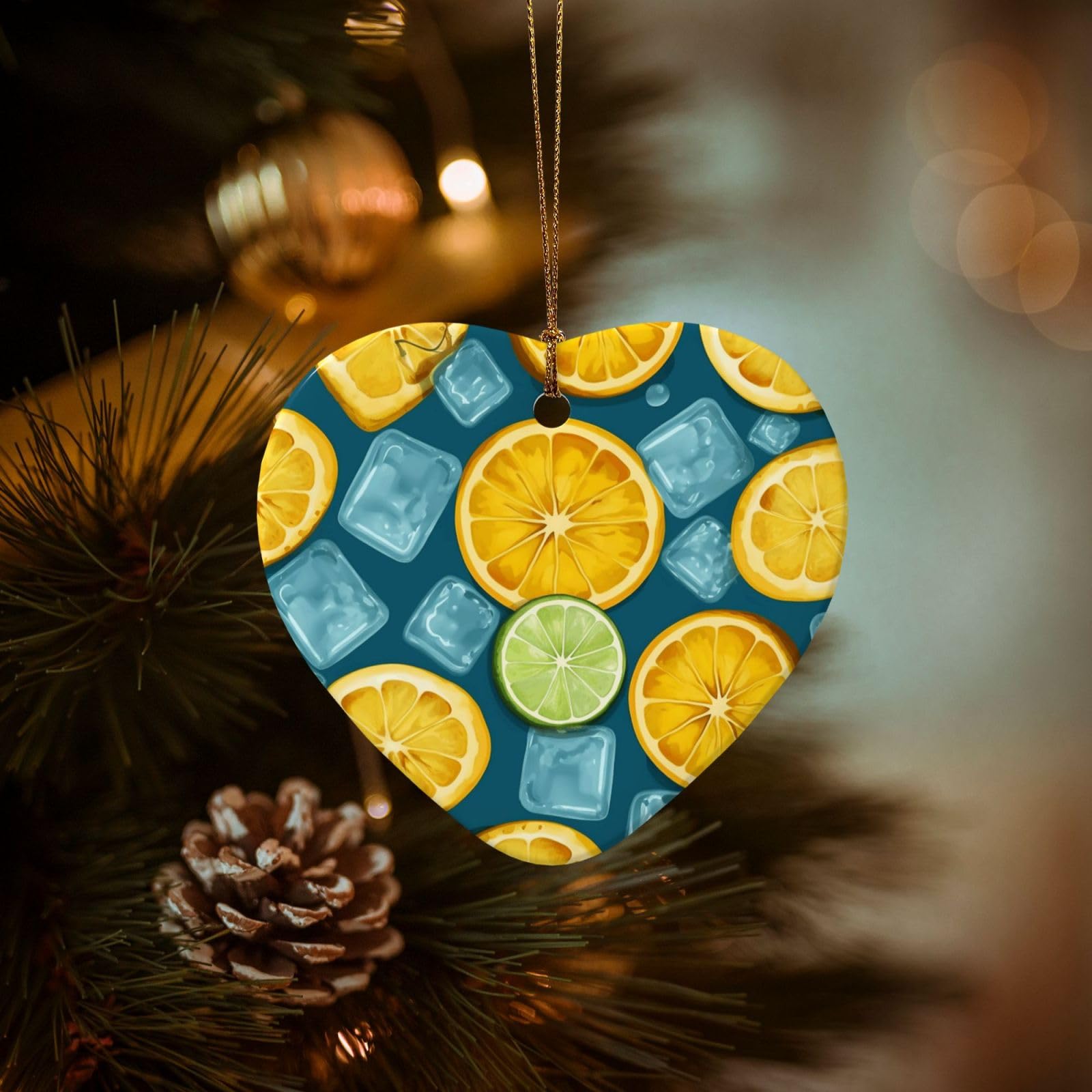 Christmas Tree Ornaments Ceramics Christmas Decorations Ice Cubes and Lemon Ornaments with Gold Ribbon Porcelain Xmas Tree Crafts Heart Shape Hanging Pendant for Christmas Tree Party Decor