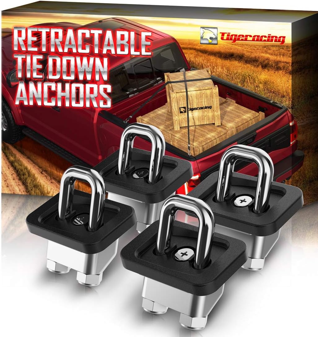 Tigeracing 23146899 Tie Down Anchors Retractable Truck Bed Side Wall (Not Fit Top Rail) D Ring - All Metal 3000 LBS Capacity (4 Pieces)