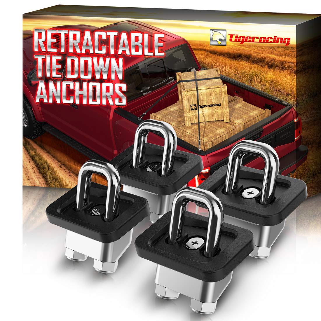 Tigeracing 23146899 Tie Down Anchors Retractable Truck Bed Side Wall D Ring - All Metal 3000 LBS Capacity (4 Pieces)