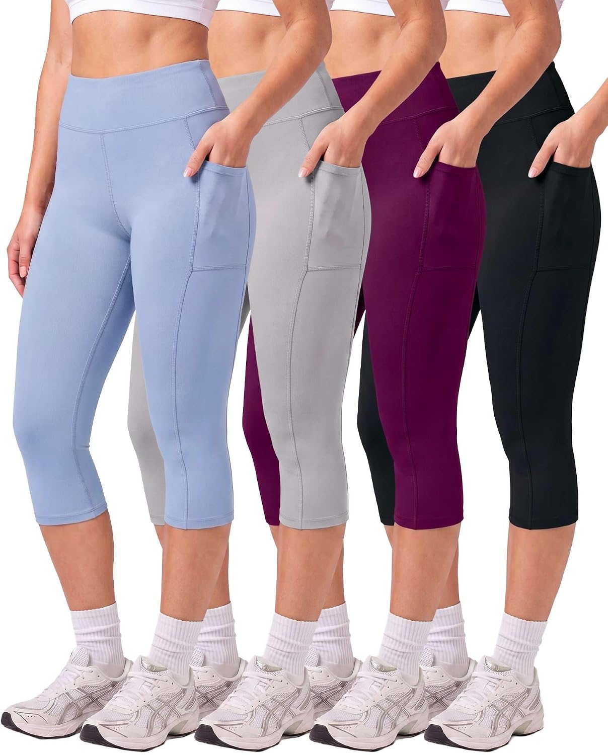 Real Essentials 4 Pack: Women's Capri Leggings with Pockets Casual Yoga Workout Exercise Pants (Available in Plus Size)