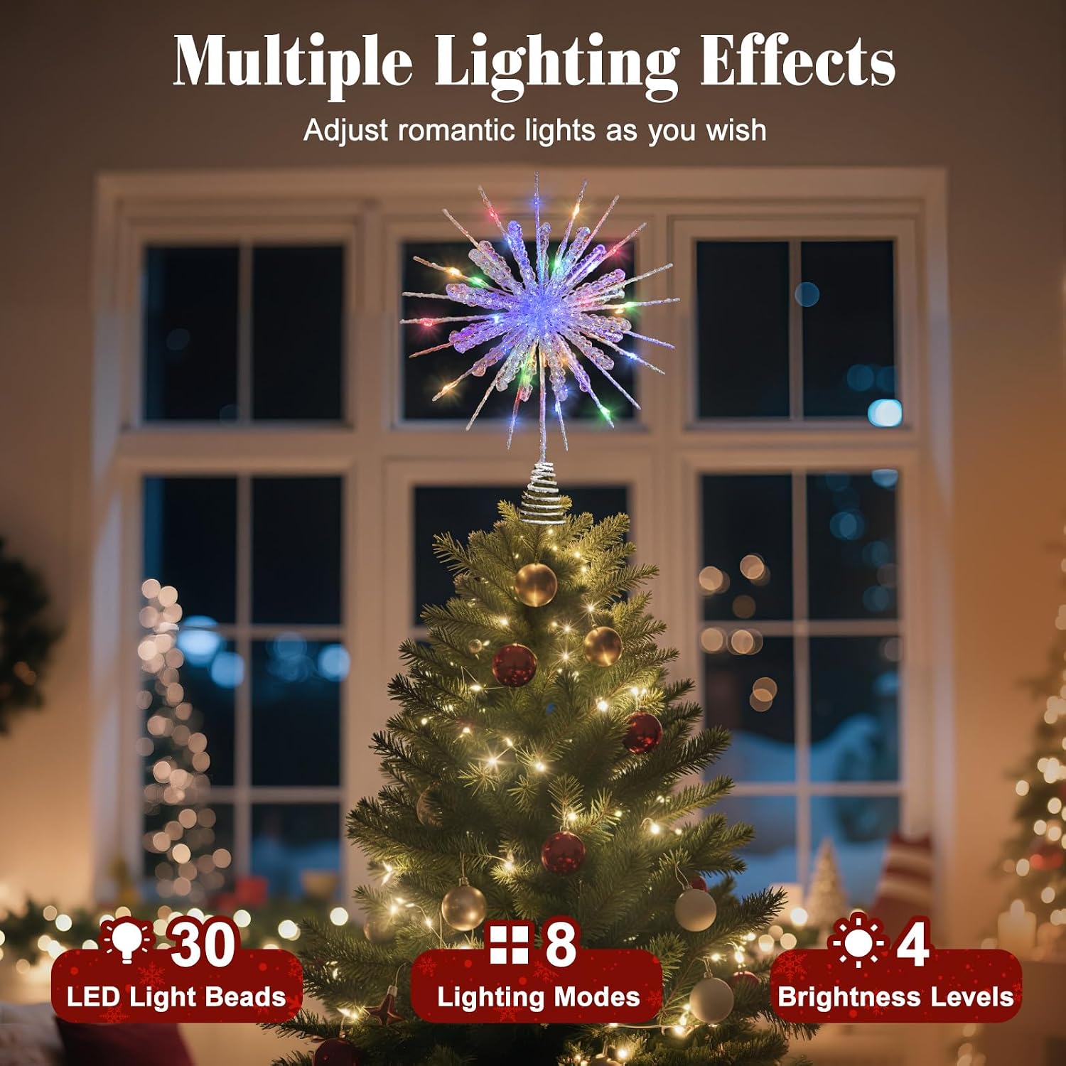 Lewondr Christmas Snowflake Tree Topper, 12.2in Xmas Tree Topper with Glittered Epoxy & 30 Colorful LED, Remote&USB Powered Snowflake Treetop, Xmas Decor for Home Party, 6H Timer&8 Modes, Silver White