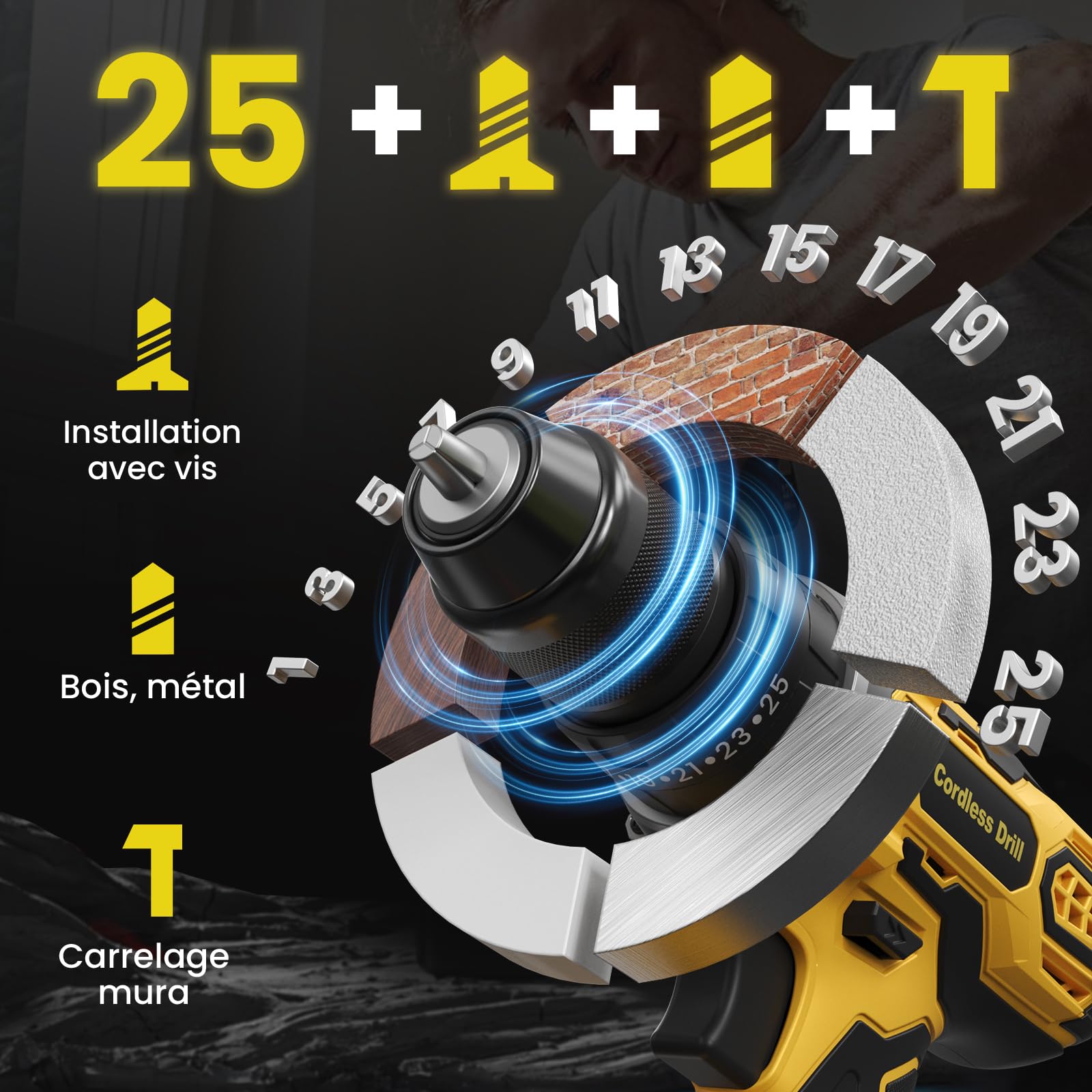 21V Perceuse Percussion Sans Fil, 45Nm Perceuse Visseuse Devisseuse Sans Fil avec 2 Batteries 2,0Ah, 25+3 10mm Mandrin Métallique 2 Vitesses Perceuses à Percussion Viseuse Electrique Outils Bricolage
