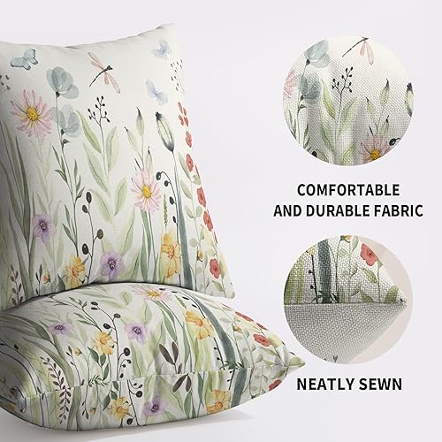 Miniatura 5 de sorfbliss Juego de 2 fundas de almohada decorativas de primavera verde salvia de 18 x 18 pulgadas, diseño de hojas de acuarela, mariposa, libélula y