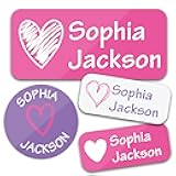 Bunny Badges Personalized Daycare Name Labels for Kids (130 Labels) - Custom Waterproof Name Stickers for Clothing Tags, Water Bottles, Lunch Boxes and School Supplies (Hearts)