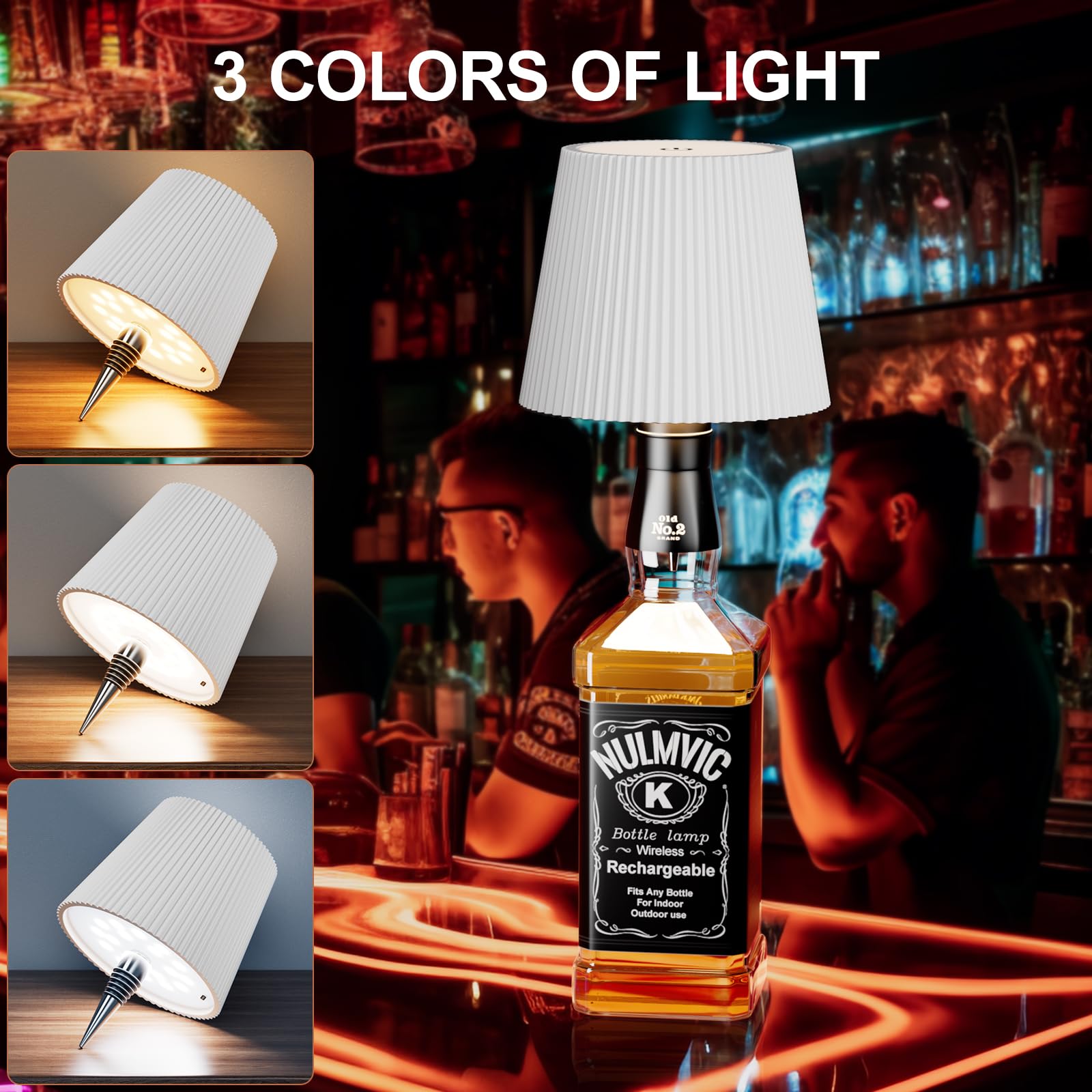 Nulmvic Lampada per Bottiglia LED Ricaricabile - 5200mAh Lampada da Tavolo Senza Fili Dimmerabile 3 Colori - IP54 Impermeabile Comando a Tocco per Interno Esterno Famiglia Ristorante Bar (Bianco)