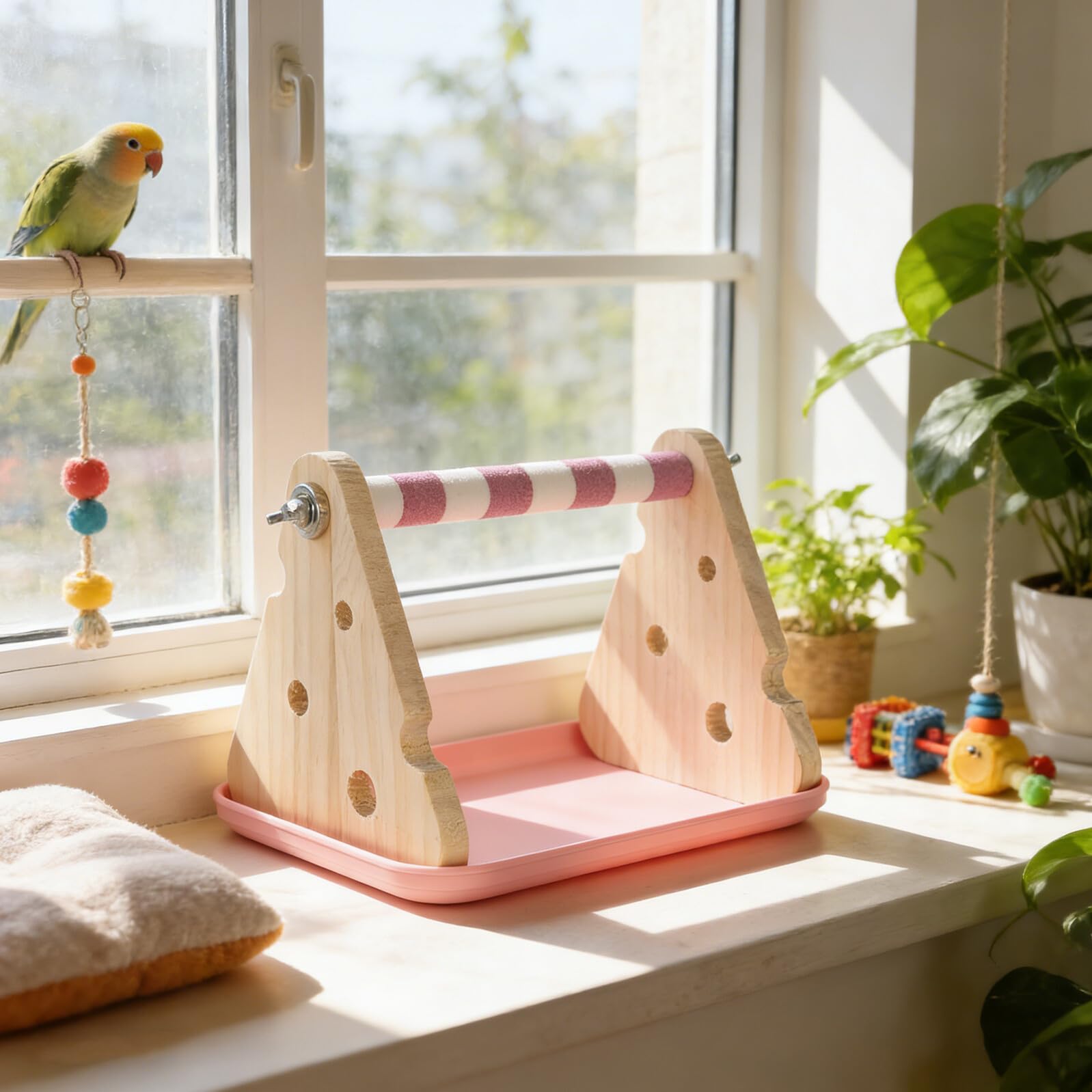 Percha para Loros con Bandeja Desmontable, Plataforma de Madera y Plástico, Soporte Portátil para Jaula, Uso en Casa y Alimentación