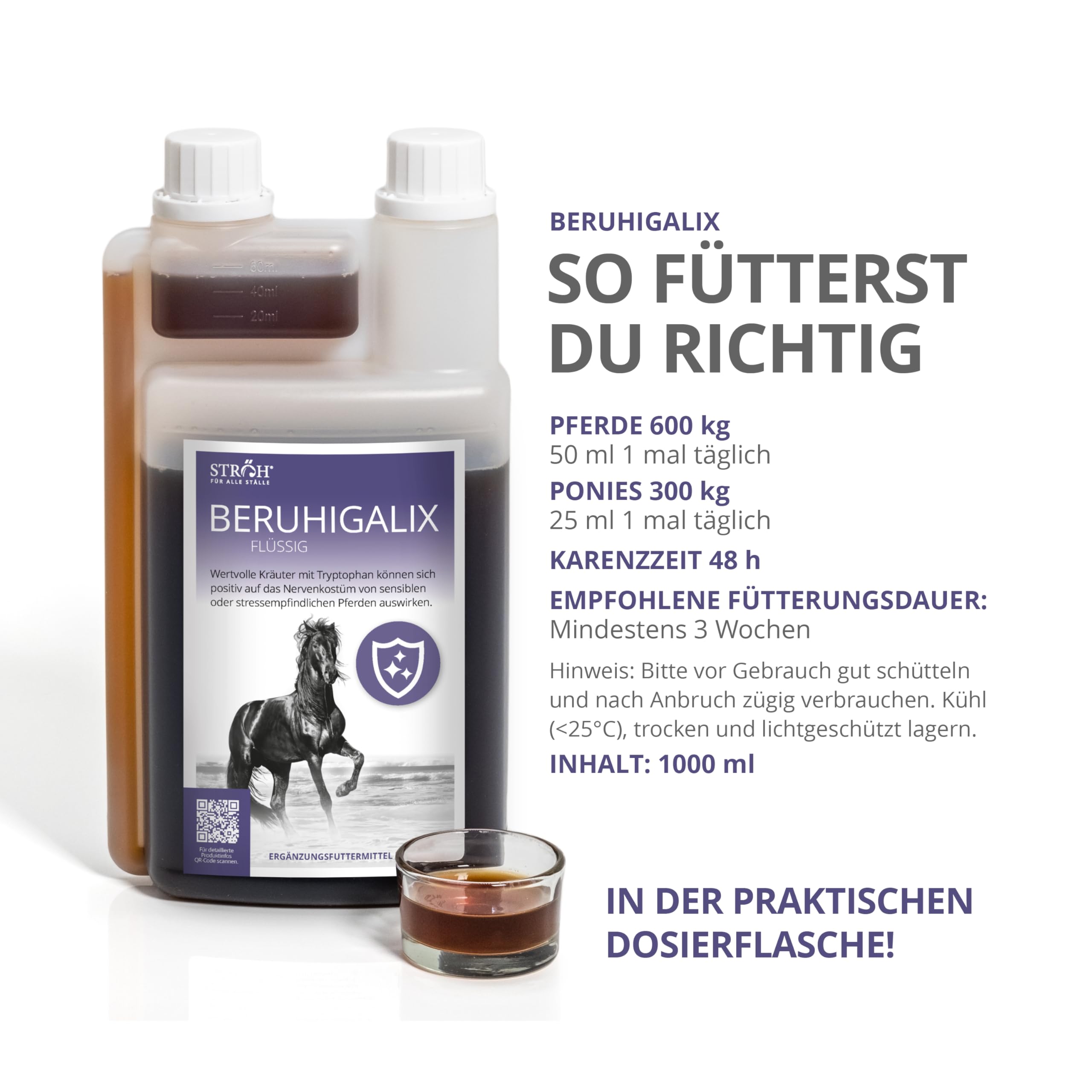STRÖH "BERUHIGALIX (1l) Beruhigung Pferd • Anti-Stress & gegen Angst • Kräuter für Pferde • Küsten-Elixier mit Tryptophan
