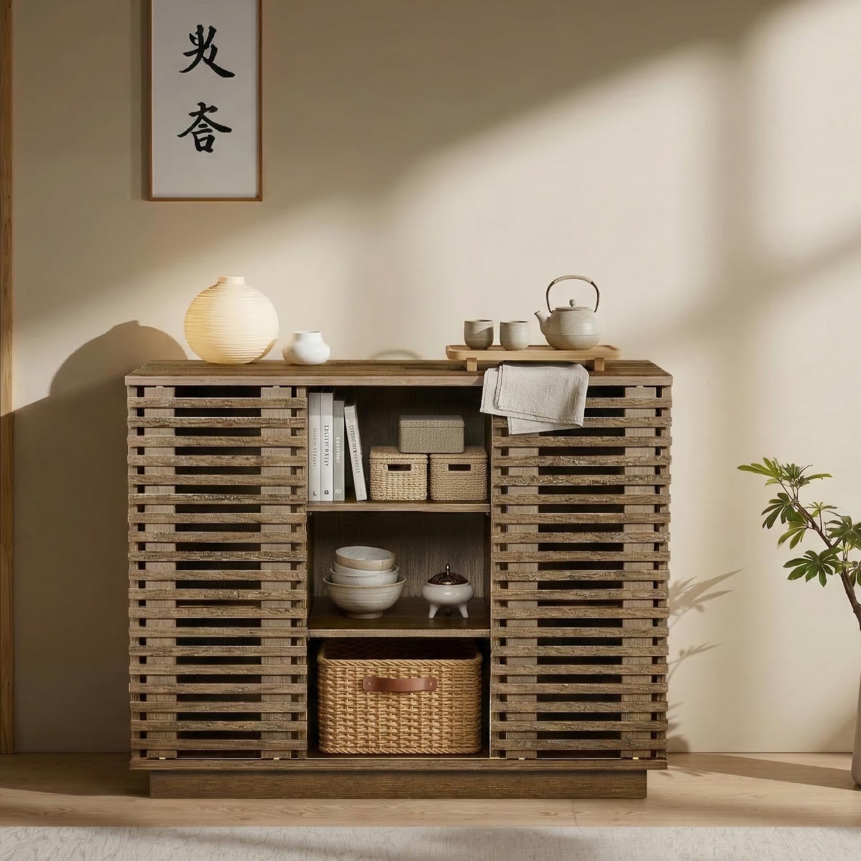 Amazon｜リビング収納 キャビネット 幅88cm 奥行40cm 高さ70cm 木製