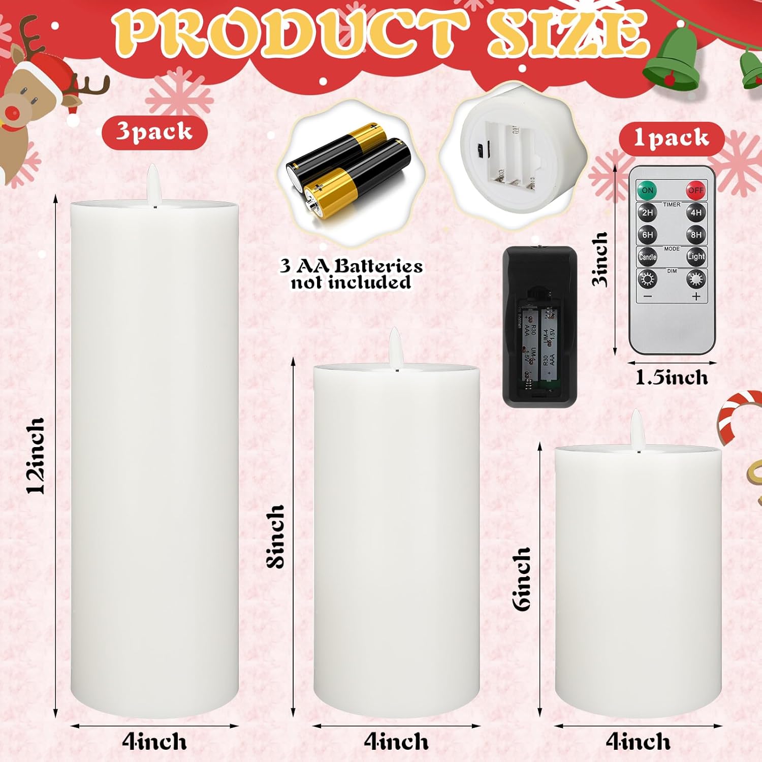 Retisee 3 Pcs White Large Flameless LED Candles with Remote Battery Operated 3D Pillar Flickering Candles for Home Indoor Outdoor Party Wedding Light Decor(6''/8''/12'' x 4'')