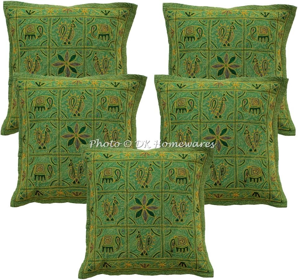 Bohemian Decorative Toss Throw Pillowcases 16 x 16 Inch Cotton Gold Thread Embroidered Elephant Indian Square Cushion Covers (Size - 40x40 cm ; Color: Green) - Set of 5 Pcs (Cover Only)