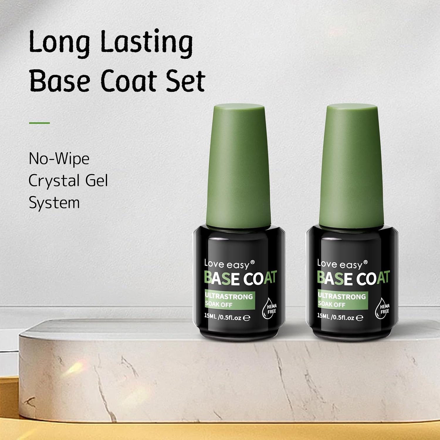 Love Easy Base Coat Gel Polish Set for Nails, 2 Pack Clear Crystal Strengthen Apex Building Enhance Reinforce, Long Lasting 28+ Days, Safe Formula Protect Uneven Thin Damaged Weak Nail（U V Lamp Cured）