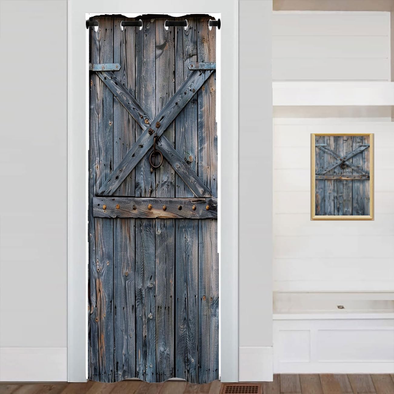Rustic Wooden Barn Door Doorway Curtain, Farmhouse Wood Board Plank Country Vintage Green Leaves Closet Door Cover Curtain for Privacy Bedroom Doorway Living Room, 1 Panel 34" W X 80" L