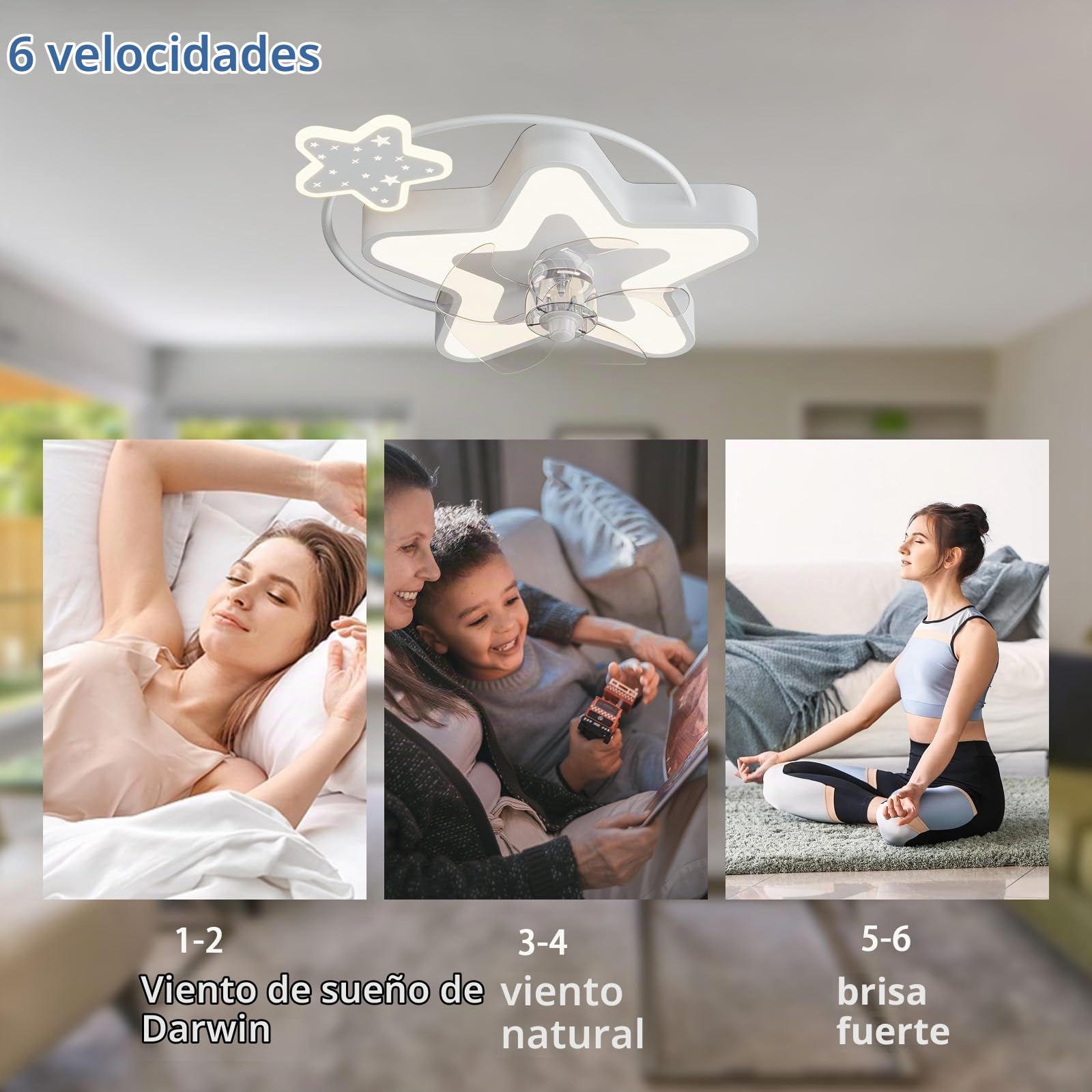 Niño Lampara De Techo Con Ventilador Reversible Dc Regulable Ventilador De Techo Con Luz 6 Velocidades Ceiling Fan with Light and Remote Control Para Cuarto De Niños-White Stars
