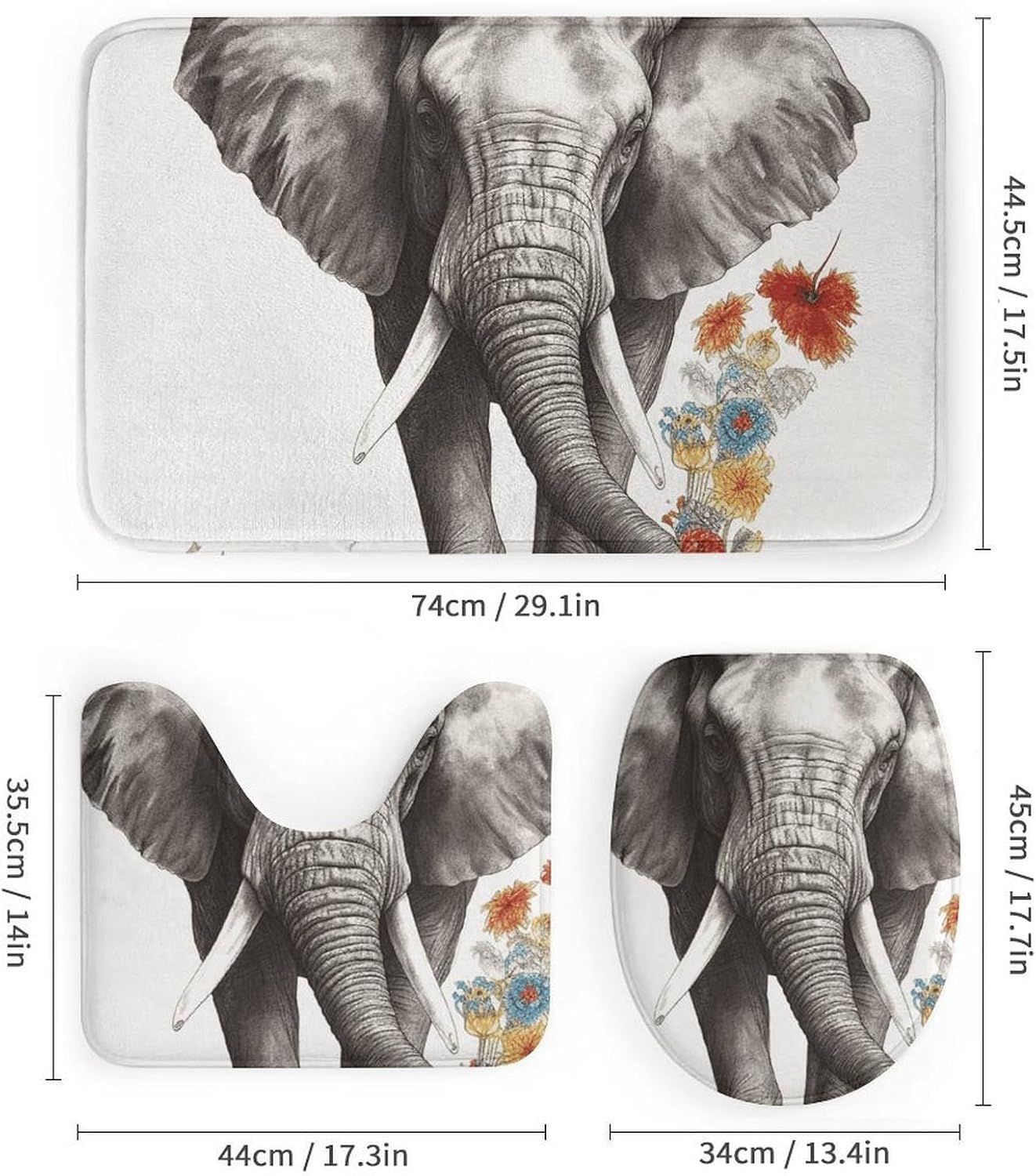 Elephant Shower Curtains Set 4 Piece with Non-Slip Rugs, Toilet Lid Cover and Bath Mat Soft Bathroom Carpet Waterproof Bathroom Curtain with 12 Hooks for Bathroom Decor