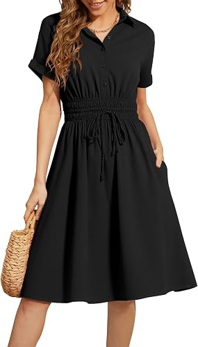 ECOWISH Summer Button Mini Shirt Dresses for Women V Neck Short Sleeve Petite Work Casual Smocked Empire Waist Dress Pockets