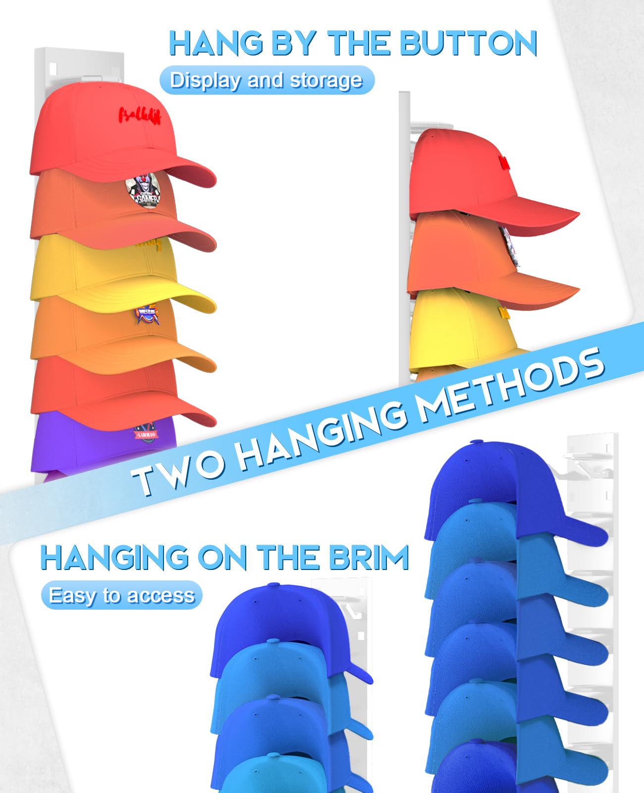 Eanyiikick Paquete de 2 organizadores de sombreros para gorras de béisbol, ganchos para sombreros para pared con capacidad para hasta 18 sombreros (blanco)