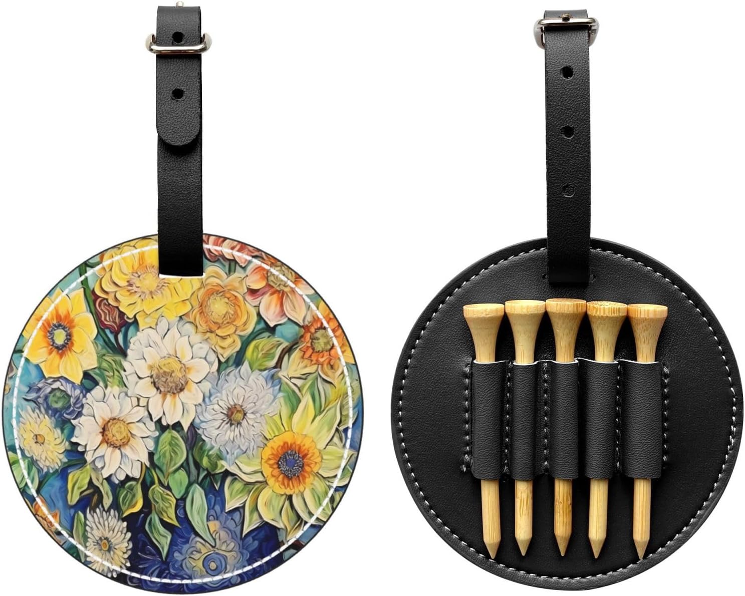 Oil on Canvas Flowers Black Printed Golf tee Storage Bag - for Men only, Durable PU Material, Easy to Carry, Enhance The Golf Experience