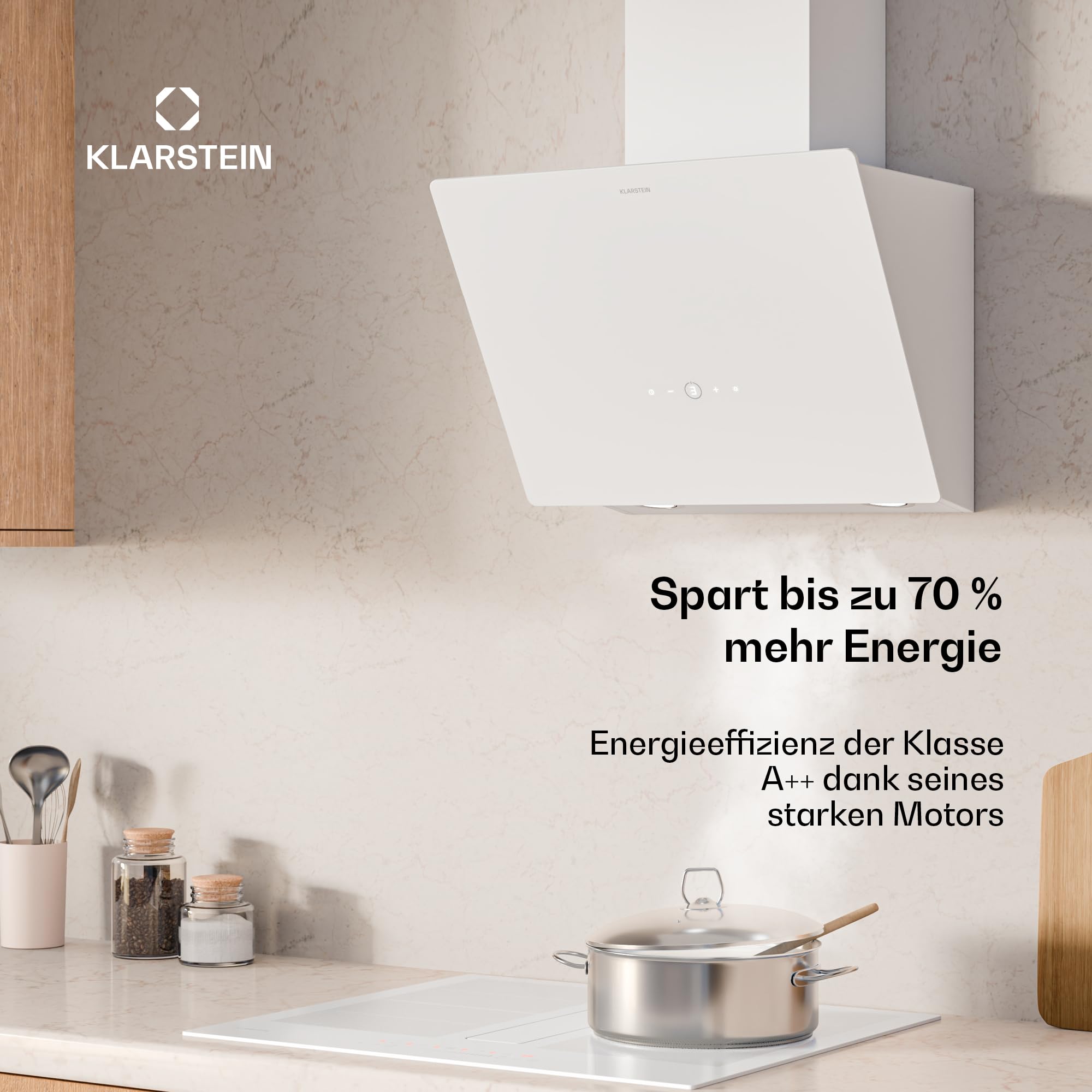Klarstein MaxAir Dunstabzugshaube - 50 cm kopffreie Haube, Touch-Bedienung, 183-336 m³/h Luftstrom, Energieeffizienzklasse A++, LED-Beleuchtung, Weiß, Abluft und Umluft, Leise 50 dB